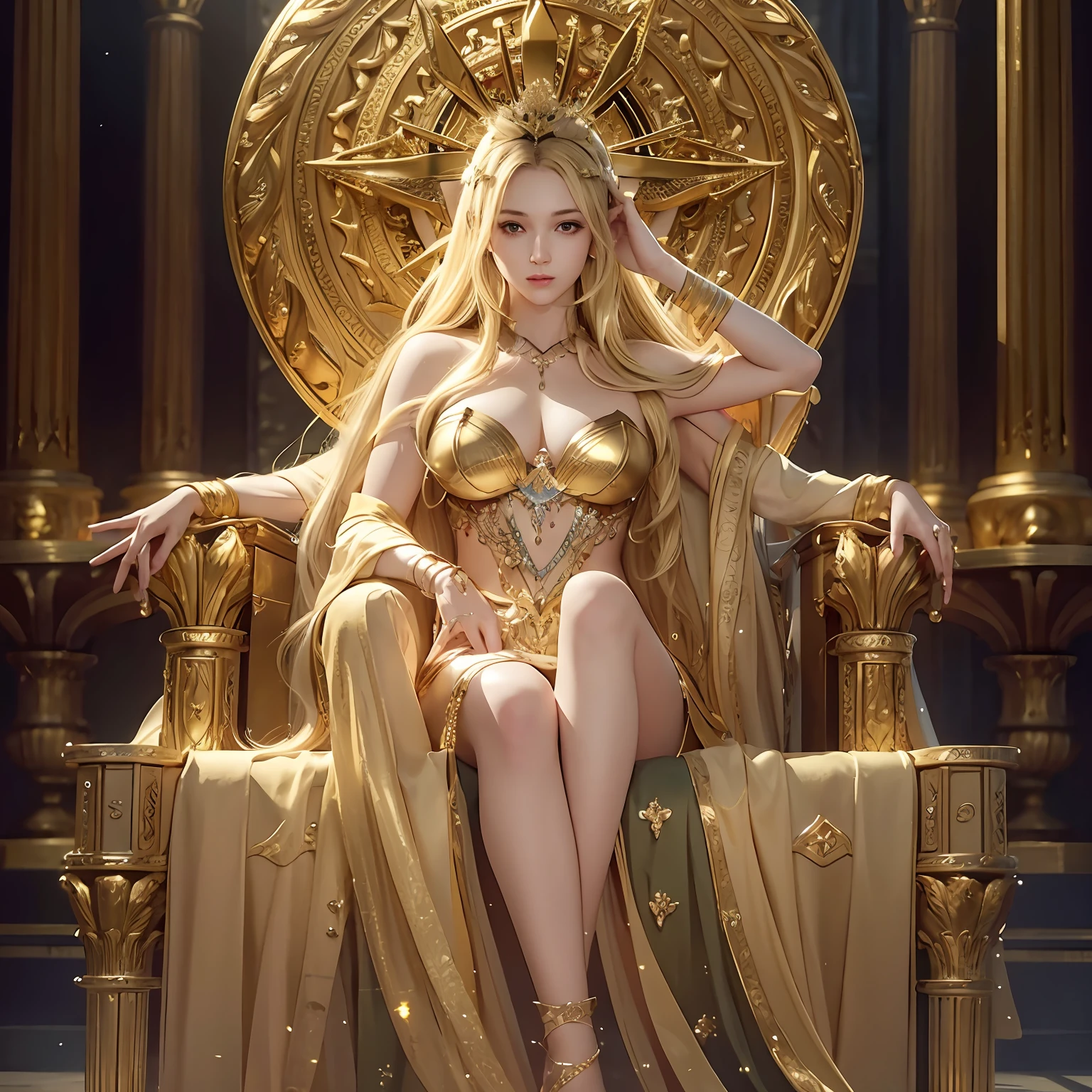 8K,original,official art,ultra highres,photores,photorealistic,ultra high quality,
1girl,gold armor,,Sitting on the Pope's throne,greek mythology,greco-roman architecture,Church,throne,Holy Domain,(((masterpiece))),(((best quality))),((ultra-detailed)),(illustration),(detailed light),((an extremely delicate and beautiful)),dramatic_shadow,ray_tracing,shiny skin,huge breasts,muscular female,(abs:0.6),wide hips,smooth skin,tyndall effect,photorealistic,dark studio,rim lighting,two tone lighting,(high detailed skin:1.2),8k uhd,dslr,soft lighting,high quality,volumetric lighting,candid,Photograph,high resolution,4k,8k,(blonde hair:1.5),