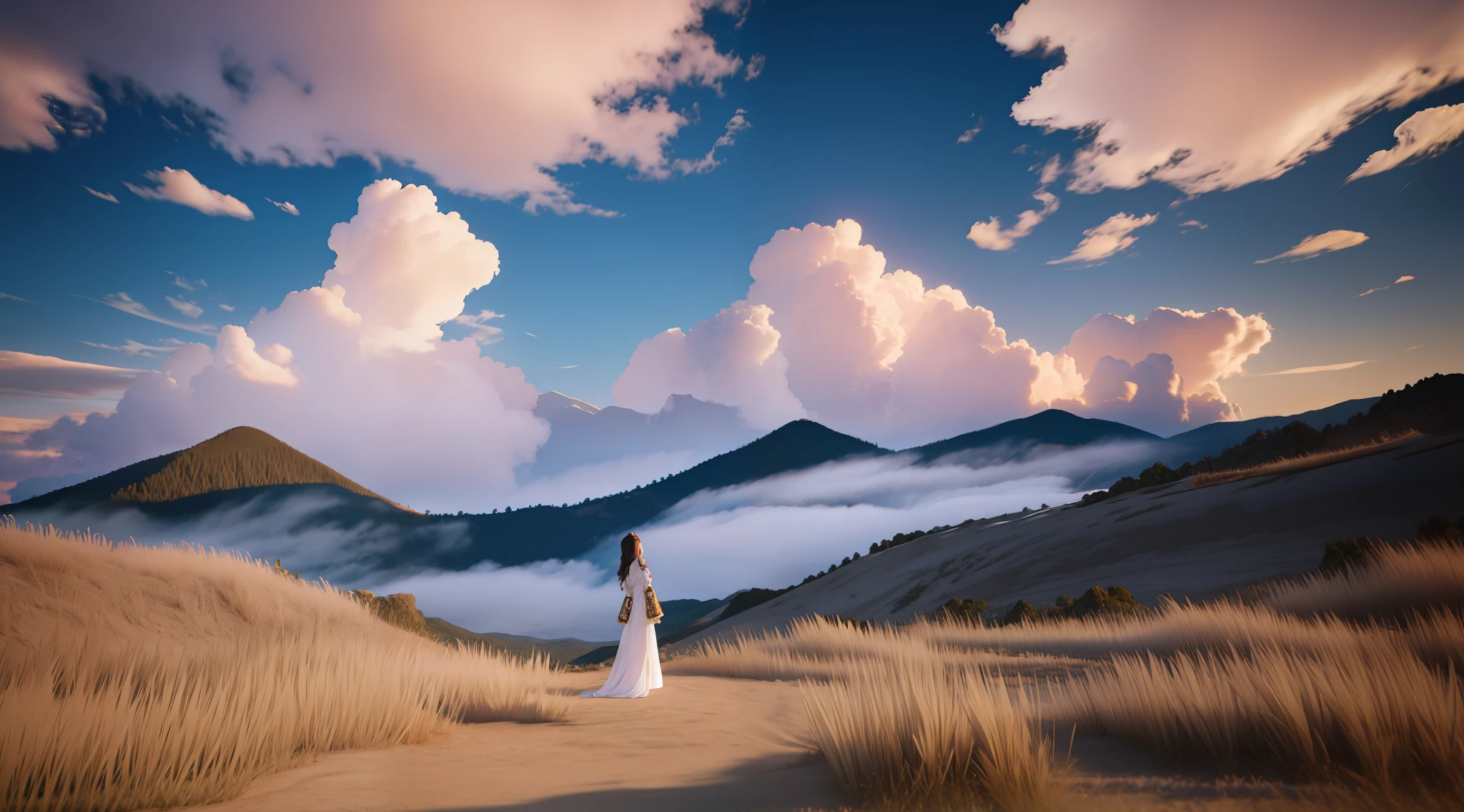 Best Quality, Masterpiece, High Resolution, 1Girl, Standing on the Top of a Mountain, Looking at Clouds, Watching the Sunset, Sunset, Sea of Clouds, Realistic, Lighting, (High Detail Skin: 1.2), 8K UHD, DSLR, Soft Light, High Quality, Volumetric Light, Voyeur, Photo, High Resolution, 4K, 8K, Background Blur,