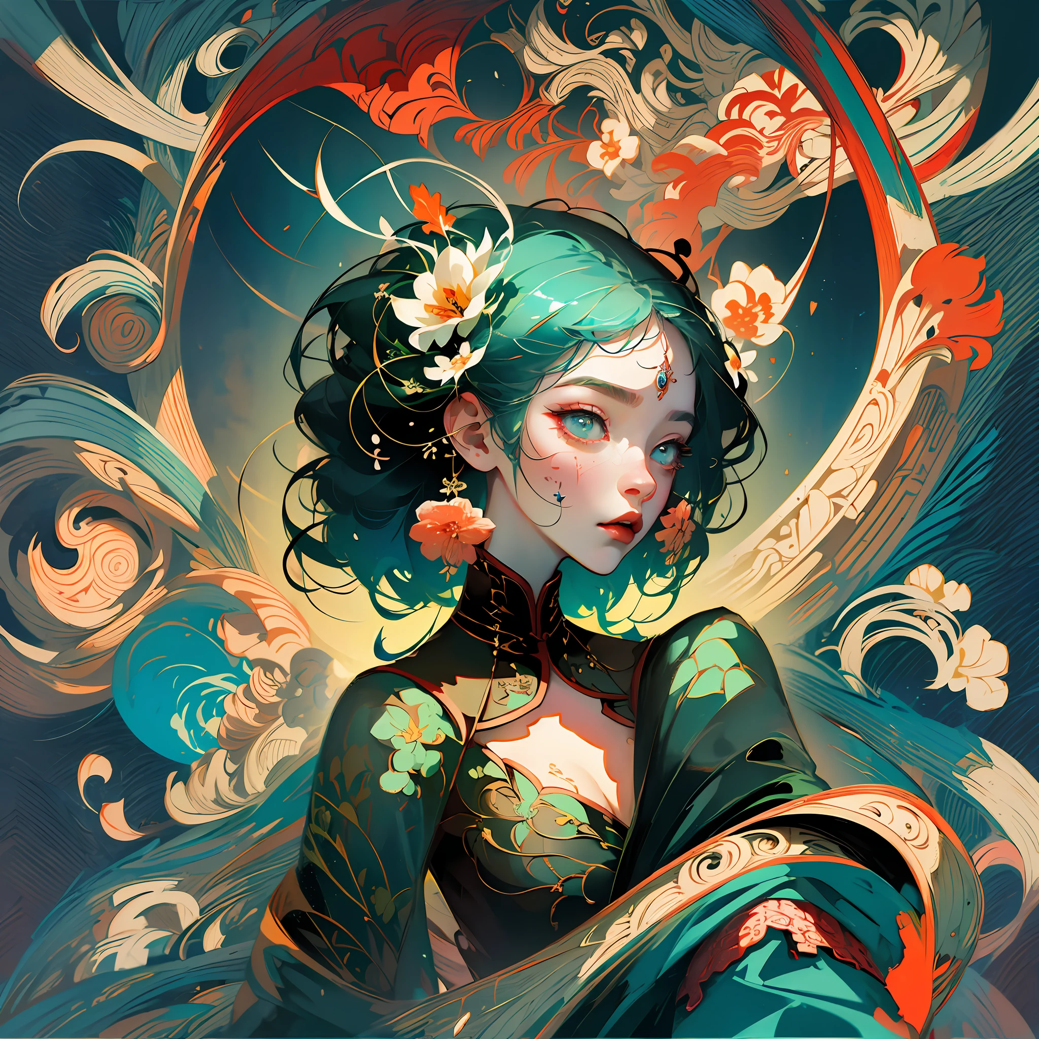 official art, unity 8k wallpaper, ultra detailed, beautiful and aesthetic, masterpiece, best quality, chinese style, (zentangle, mandala, tangle, entangle), ecstasy of flower, 1girl, extremely detailed, dynamic angle, cowboyshot, the most beautiful form of chaos, elegant, a brutalist designed, vivid colours, romanticism, by james jean, roby dwi antono, ross tran, francis bacon, michal mraz, adrian ghenie, petra cortright, gerhard richter, takato yamamoto, ashley wood, atmospheric
