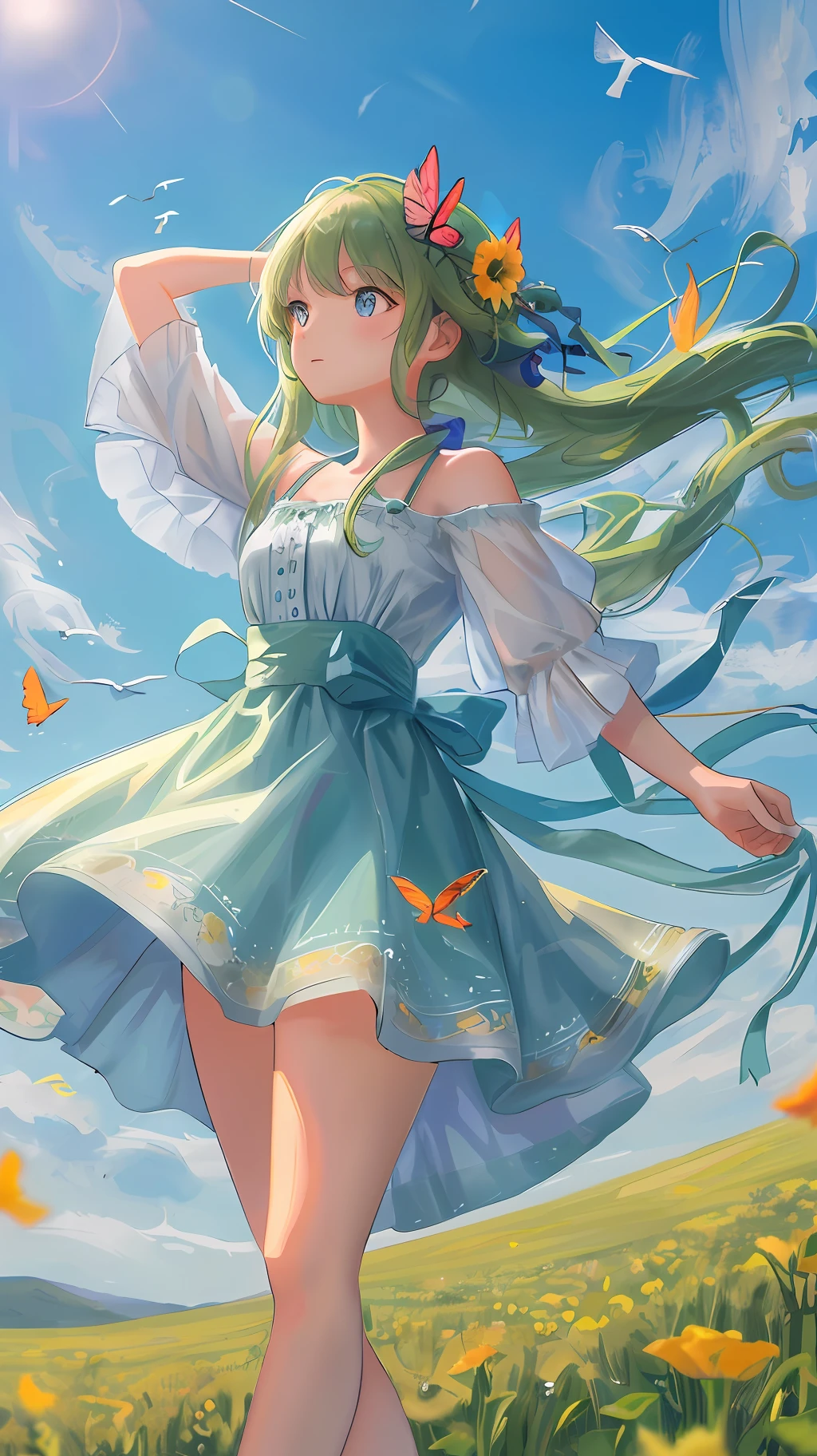 High Detail, Ultra Detail, Ultra High Resolution A cute and innocent girl is enjoying her time in an open field, surrounded by the beauty of nature, with the warm sun shining on her and wild flowers swaying gently in the breeze. Butterflies and birds flutter around her, adding to the playful atmosphere, --v 6