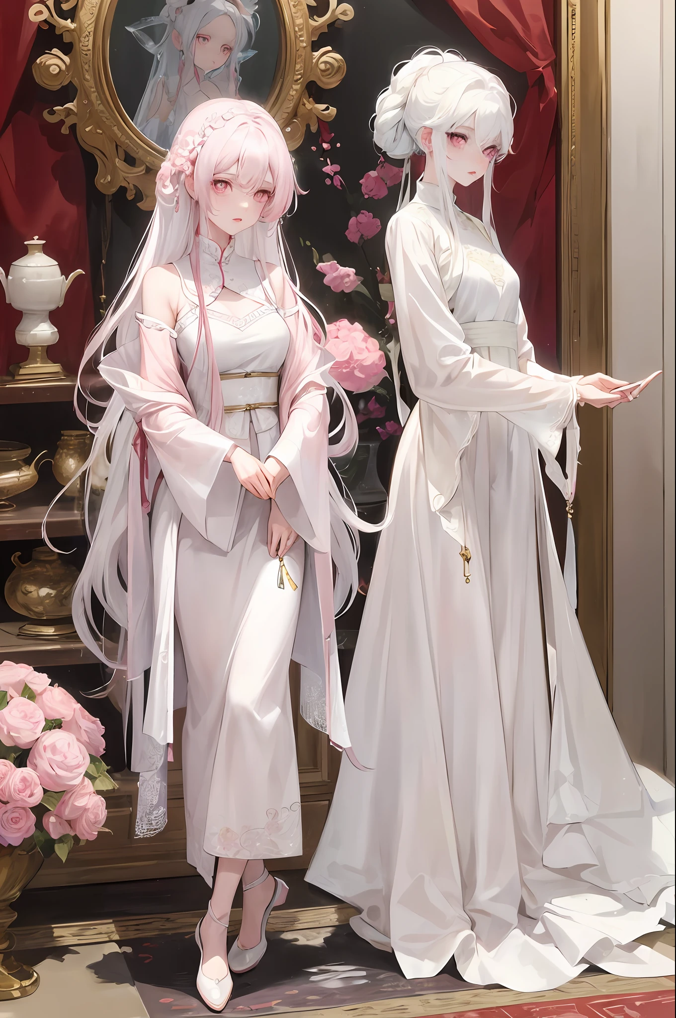 The character of the painting is Bai Lingmiao in the weird fairy, white hair, antique pink and white long dress, pink eyes, delicate face, delicate figure, delicate fingers, and full body picture