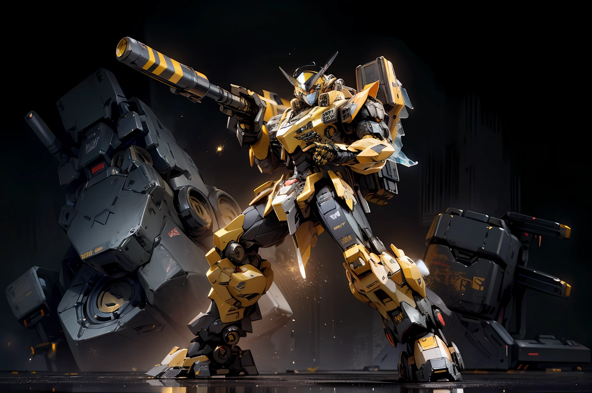 Close-up of toy robot on black background, Bumblebee, based on Bumblebee, action character mecha, movie full shot, TFwiki. Web photography, tfwiki.net photography, yellow mech, movie front shot, giant mecha robot, from Transformers, 1 0 5mm, 105mm, octal 8k, shot on Sony A 7 III. fist