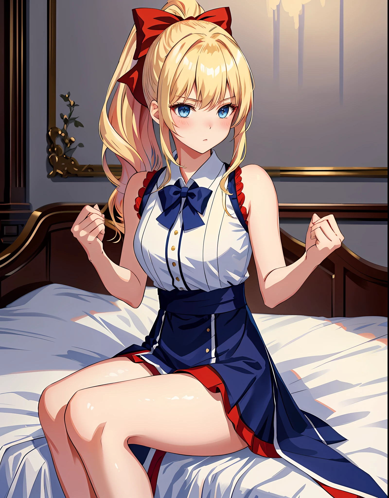 masterpiece, ultra high quality CG, best quality, perfect picture, solo, lidia sobieska (tekken, blonde hair with high ponytail, blue eyes, red hairbow, strong), wearing a sexy karate outfit, sitting on the bed, looking sideways, blushing, shoulders showing, in a European mansion