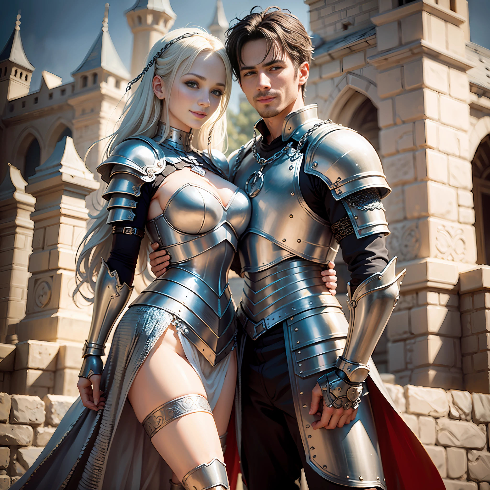 (((Medium shot))), couple, (a man and a woman), two individuals, outside the castle, jousting, playful, playful, sweet, happy, smile, armor, chain mail, armor, happy, pretty eyes, playful, surrealism, pov, romanticism, cinematic lighting, 8K, UHD, masterpiece, ccurate, anatomically correct, textured skin, high detail, high quality, high resolution, award-winning, best quality, 16K, bad body, bad hands, bad legs.
