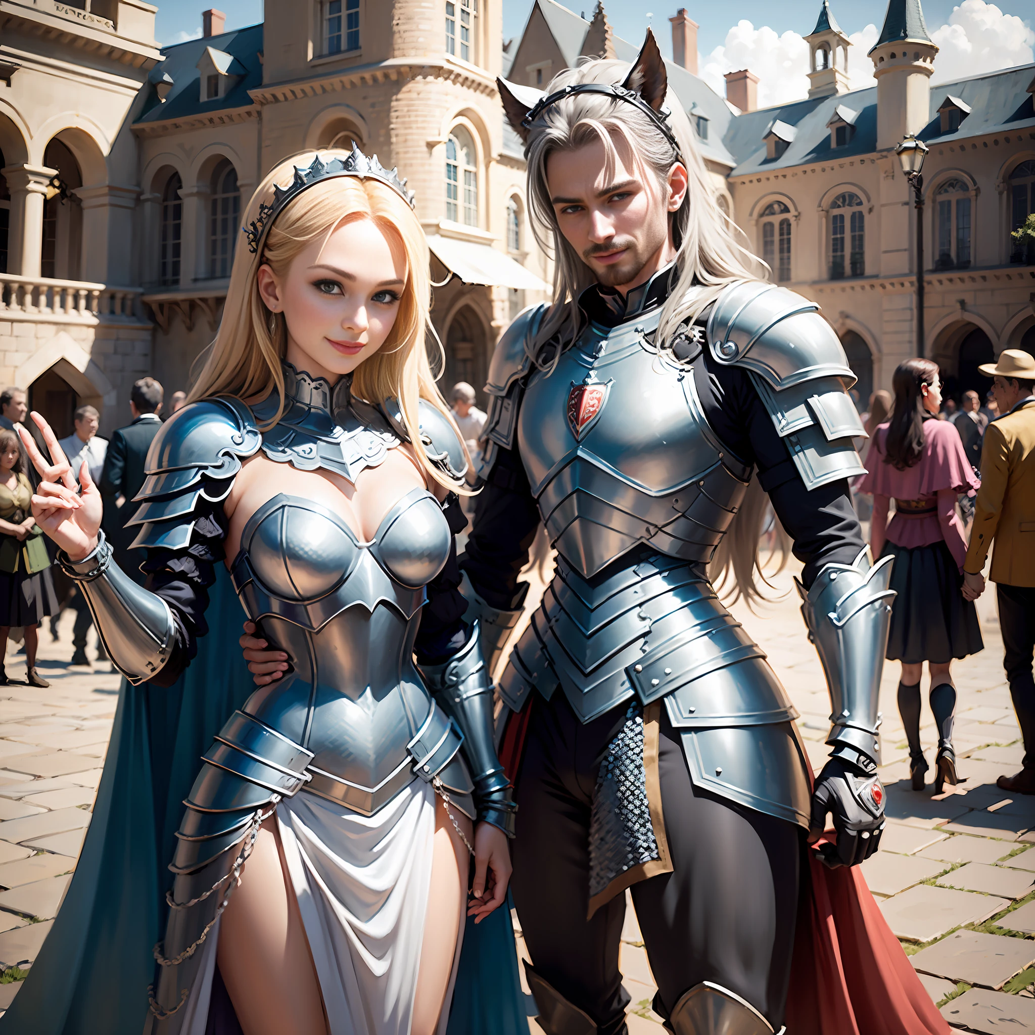 (((Medium shot))), couple, (a man and a woman), two individuals, outside the castle, jousting, playful, playful, sweet, happy, smile, armor, chain mail, armor, happy, pretty eyes, playful, surrealism, pov, romanticism, cinematic lighting, 8K, UHD, masterpiece, ccurate, anatomically correct, textured skin, high detail, high quality, high resolution, award-winning, best quality, 16K, bad body, bad hands, bad legs.