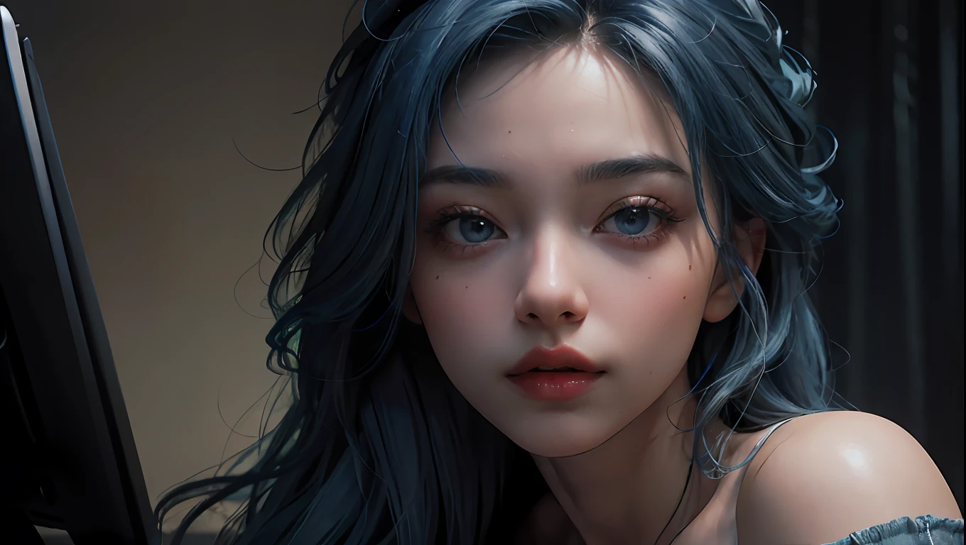 Best quality, masterpiece, ultra high res, (photorealistic: 1.4), raw photo, 1girl, off shoulder, cinematic lighting, kissing poses, (blue hair)