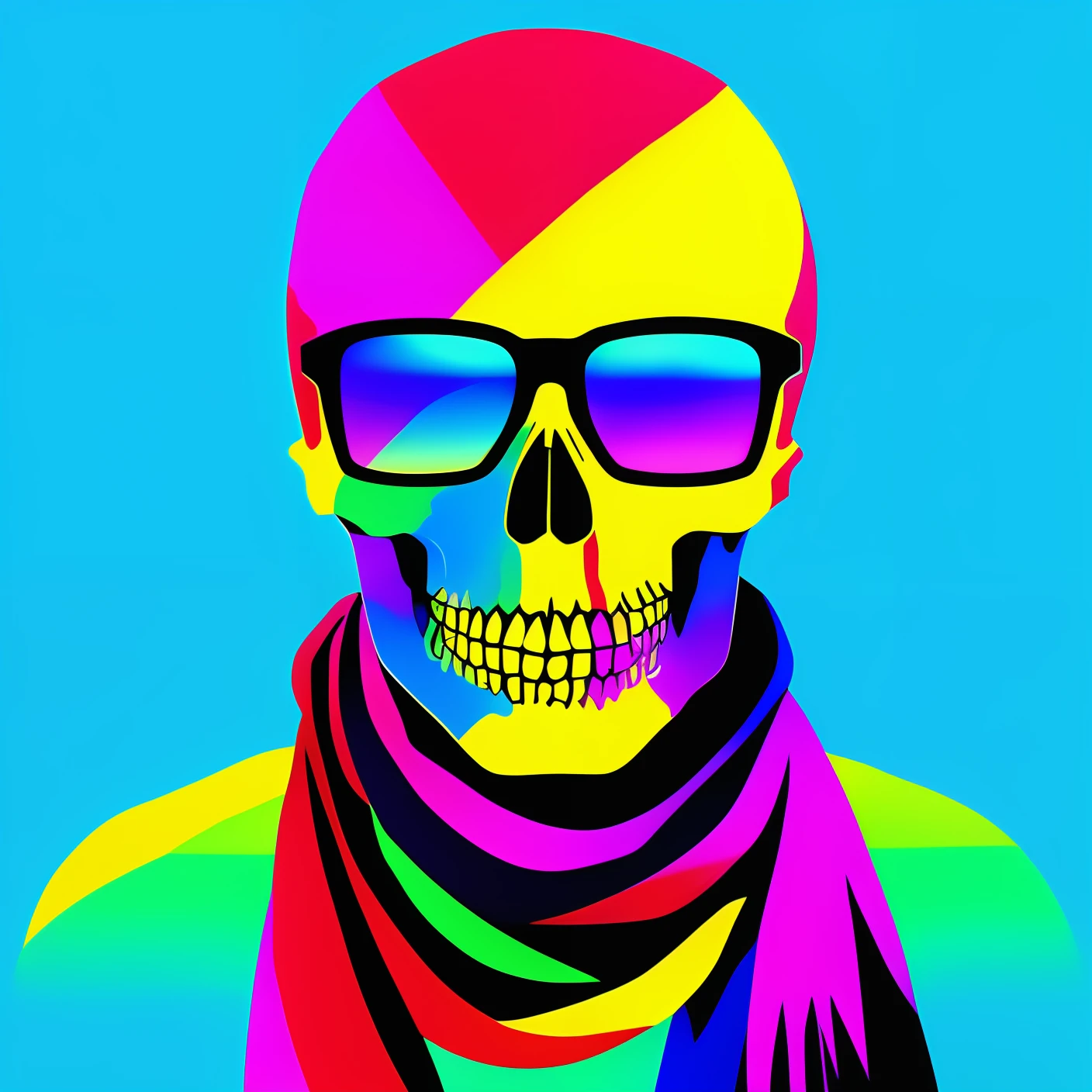 a colorful skull with a scarf and sunglasses on it, scary color art in 4 k, multicolored vector art, skull paint, scary art in color, digital art high quality, background artwork, skull liminal void background, vector art style, digital artwork 4 k, 4k detailed digital art, vector artwork, neon color bleed, high quality hd digital art