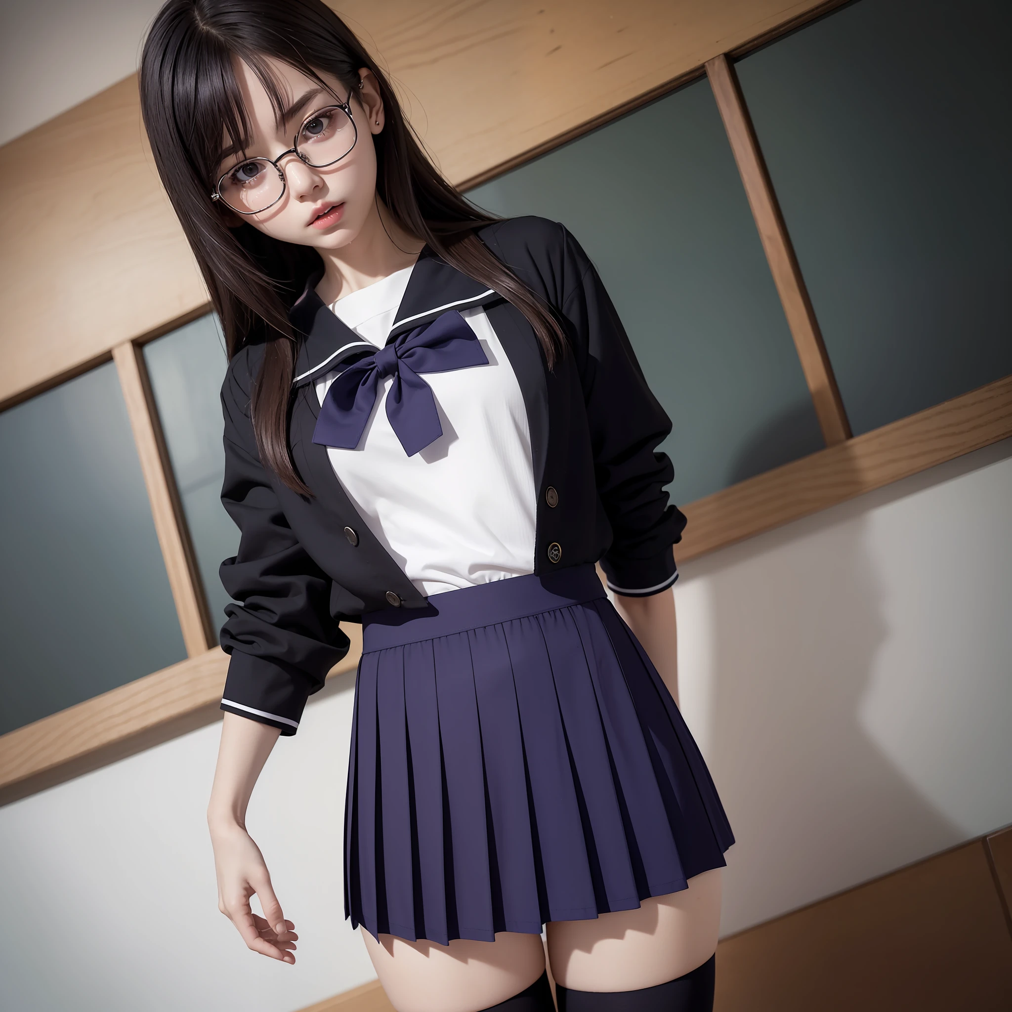 ((half-eyed)), ((narrow-eyed)), ((solo)), 1 girl,full body,raw photo, frank, (flat breasts),textured skin, (medium hair:1.2), pale skin, Japan person, glasses, (small), young, tall, dark look, bright black eyes, anger,put out ears, sailor suit,school uniform, blue and dark blue checked skirt, (purple panties),slender body, medium build, Small waist, wide thighs, photorealistic, best quality, 8K, masterpiece