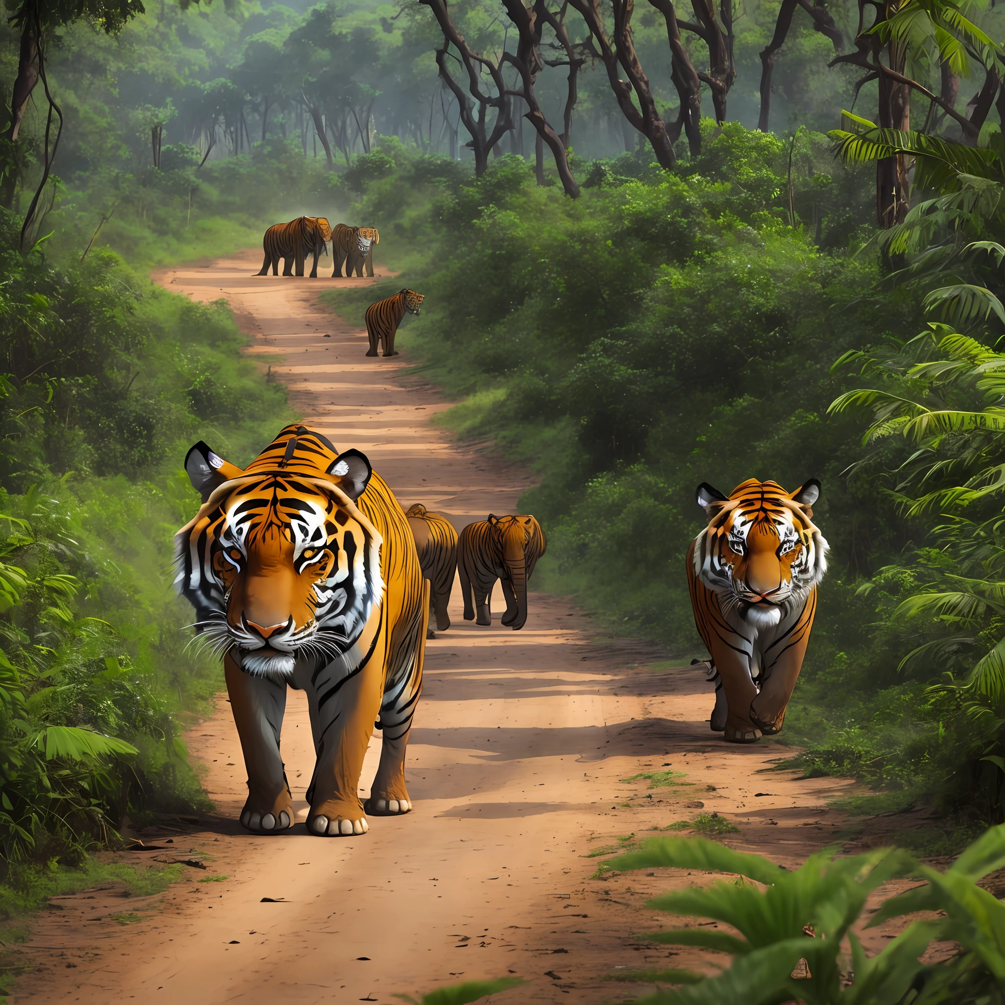 Herd of elephants in the Indian jungle being watched by a tiger --auto --s2