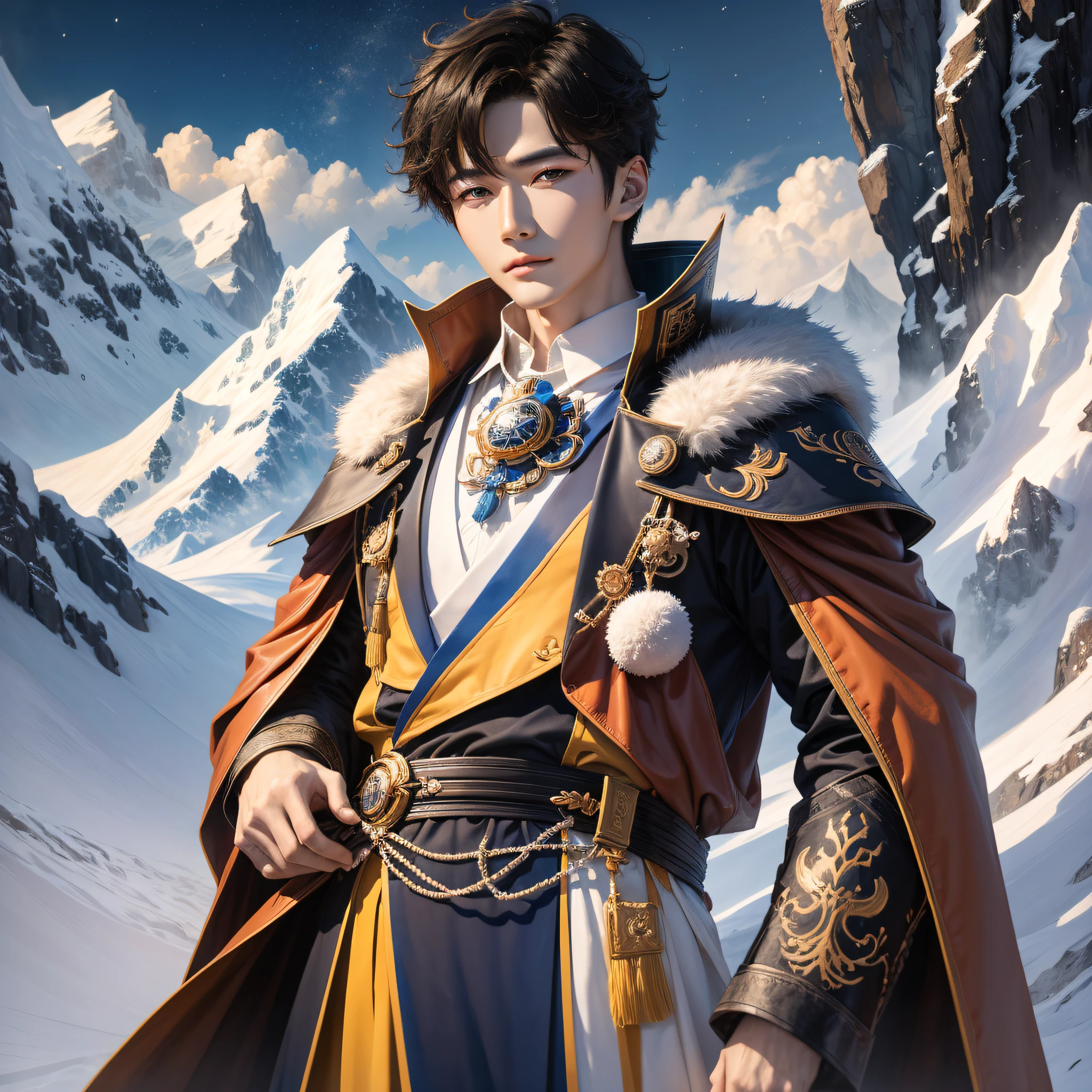 There is a man standing in front of the snowy mountain, inspired by Zhang Han, Cai Xukun, Lin Zhiying, Cheng Yanjun, inspired by Cheng Yanjun, inspired by Bian Shoumin, inspired by Lee Jeon-suk, Kim Young-shen, inspired by Hwang Gongwang, realistic. Cheng Yi, eyes glowing yellow, Guvez style artwork --auto --s2