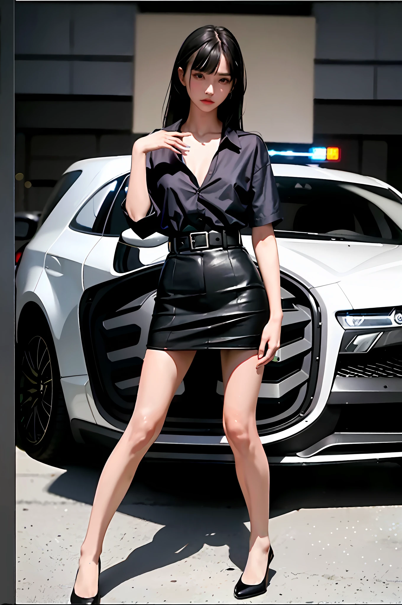 Masterpiece, best quality, (dark photo: 1.3), realistic, 1girl, flat bangs, police shirt, serious face, medium chest, slender figure, comic legs, full body, legs apart, panties exposed, clothes open