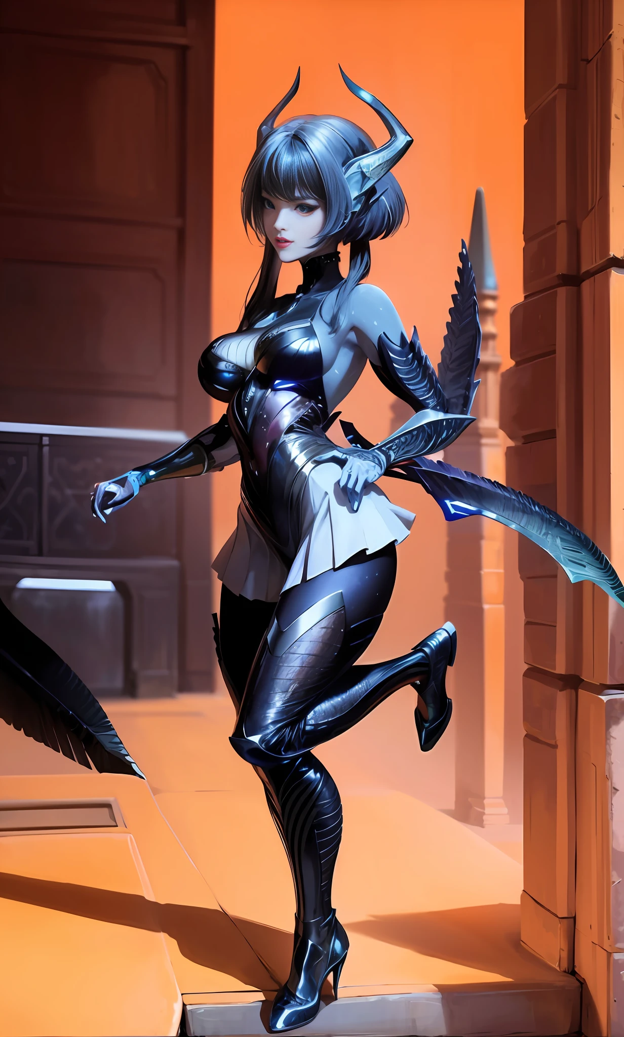 (Masterpiece, Best quality: 1.2), Absurd, (Traditional media: 1.2), (2D:1.2), (Center: 1.3), illustration, skirt_tail, Highly detailed, (super detailed), Medium shot, (Full body: 1.3), (Perfect female figure), A woman in a futuristic suit with horns and horns on her head, standing in front of the futuristic city, 1girl, bangs, black hair, tights, breasts, evening, horns, long hair, looking at the audience, makeup,