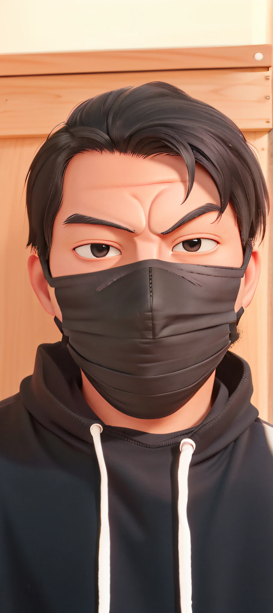 arafed man wearing a black mask with a black face covering his face, wearing all black mempo mask, wearing mask, surgical mask covering mouth, wearing facemask, wearing a mask, black facemask, facemask, black mask, wearing bandit mask, one single mask, dust mask, no face mask, mask, full mask, masked face, wearing wooden mask