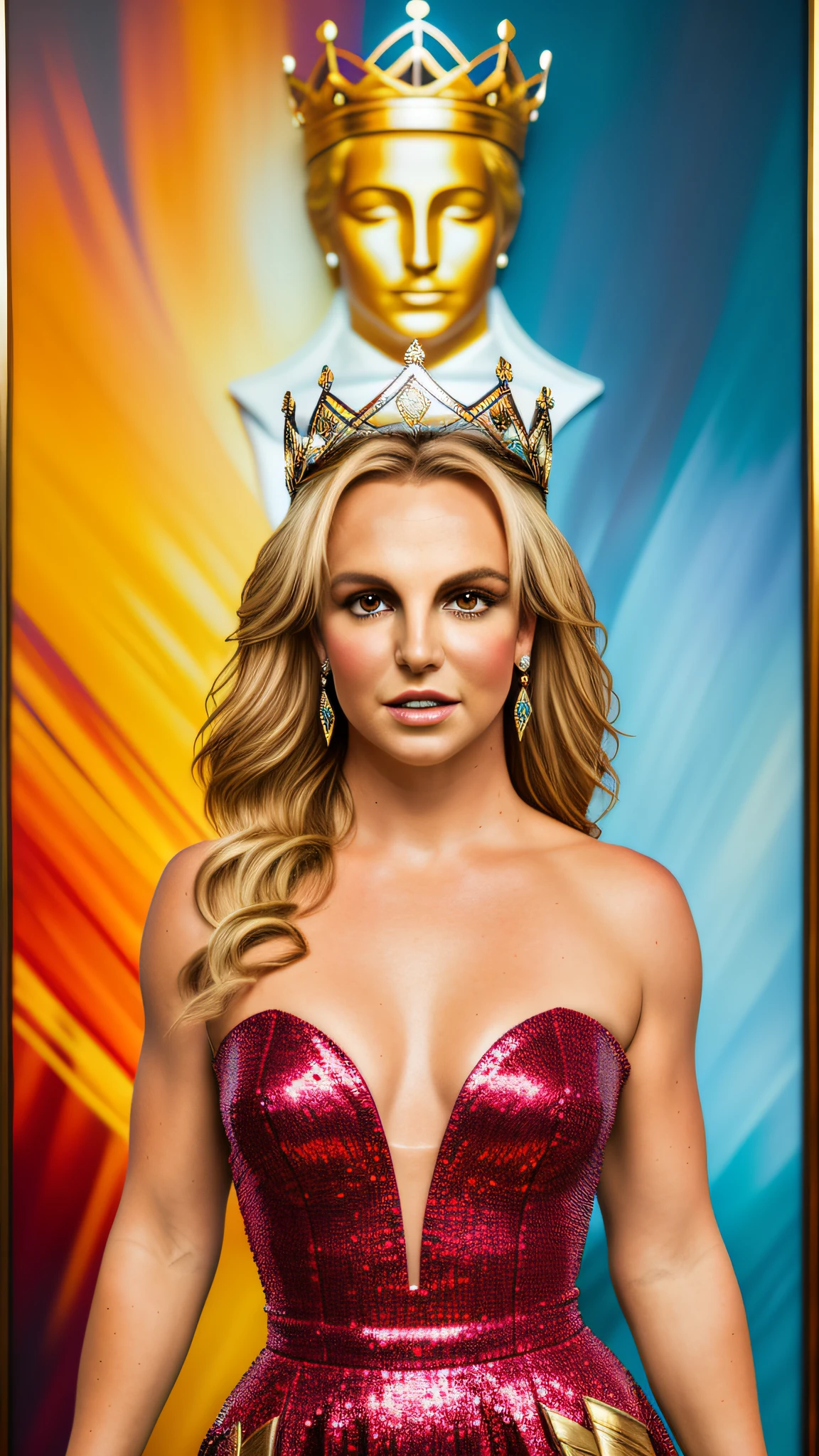 BRITNEY SPEARS photo, 4K texture, high quality, gorgeous hairstyle, with dress and crown standing in front of a painting, photoshoot, by David LaChapelle, queen goddess, vogue magazine photo, like wonder woman, beautiful goddess, portrait, photoshoot for vogue magazine, "full body, vogue photo shoot, divine goddess, an impressive portrait of a goddess, beautiful queen (BROWN EYES),  FULL BODY (masterpiece) (perfect aspect ratio)(realistic photo)(best quality) (detailed) shot on a Canon EOS R5, 50mm lens, F/2.8, HDR, (8k) (wallpaper) (cinematic lighting) (dramatic lighting) (sharp focus) (intricate)