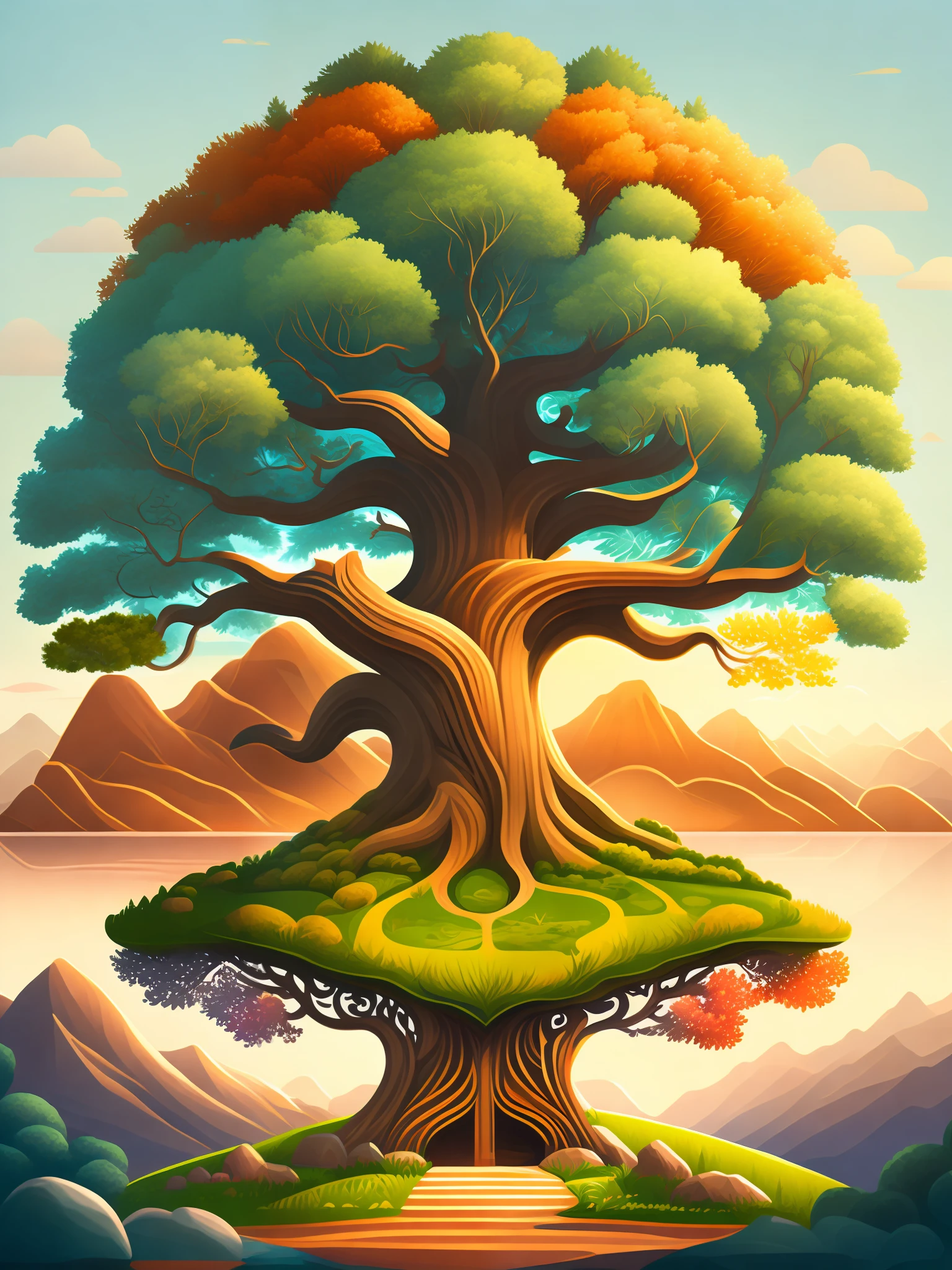 Yggdrasil, Oak in Summer Landscape, RZMINJOURNEY, Vector-Art