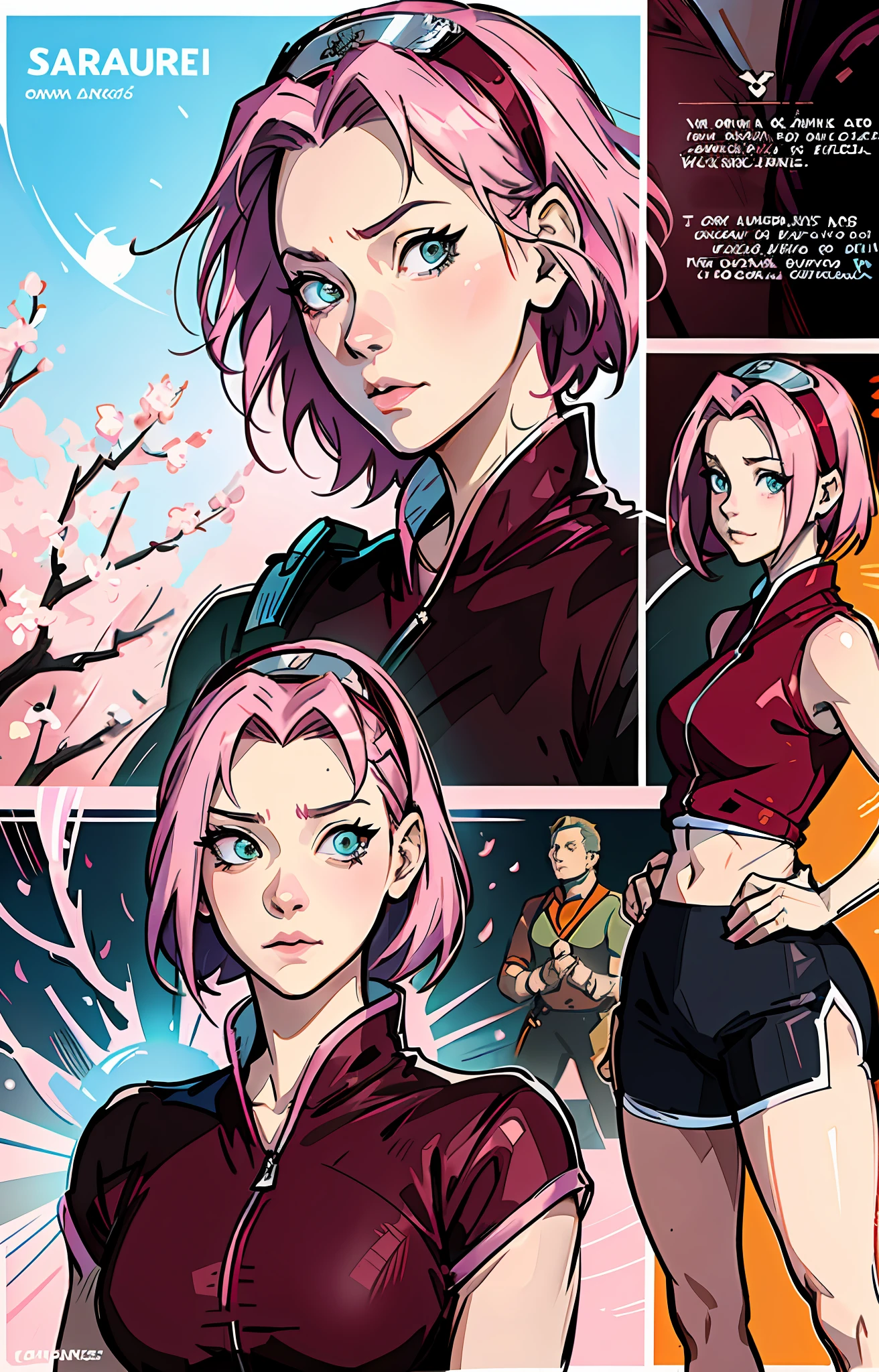 Sakura haruno, ANIME NARUTO, NINJA, ((SOLO)) ((forehead the show)), charming,fitness, attractive, wearing a ((red blouse)), pink hair, delicate, young, short hair, detailed face, kissing boyfriend, full body, looking at the viewer, bandana on the head, trend in art by rhads, andreas rocha, rossdraws, makoto shinkai, laurie greasley, lois van baarle, ilya kuvshinov and greg rutkowski
