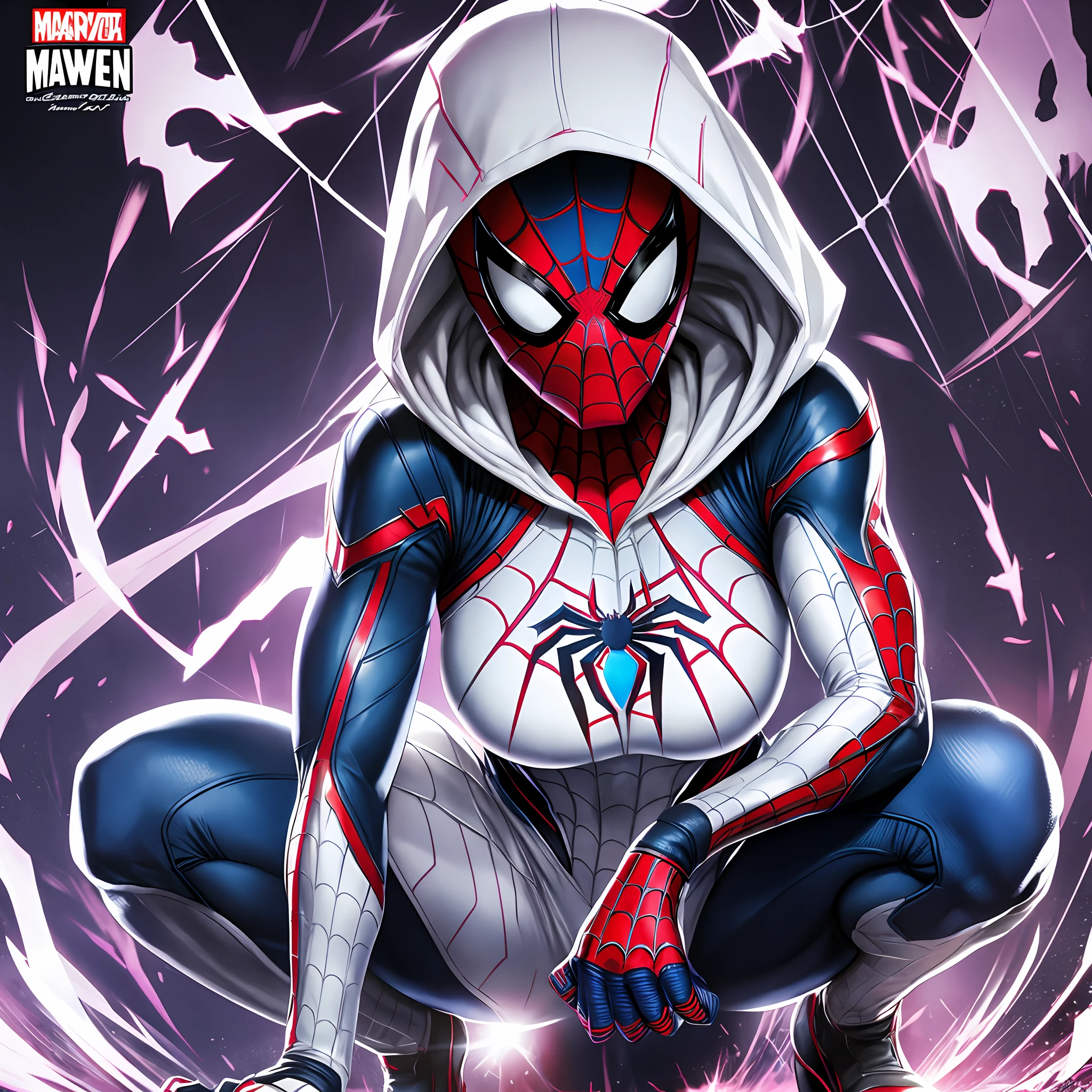 Spider-Man Gwen, comic book cover, American comic style, faceless, hooded head, ghost spider, white and black combat suit, normal ergonomics, normal anatomy, large breasts, squats, smooth surface, no texture, muscular clothing, medium shot,