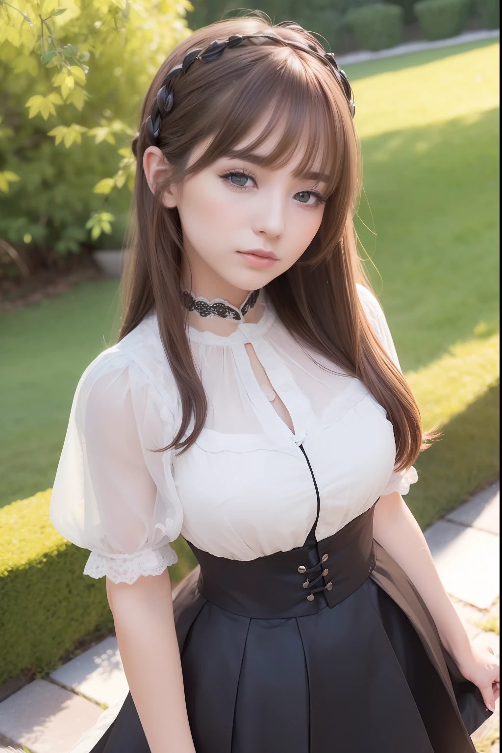 ((top quality, 8k, Masterpiece, photorealistic , 35mm lens, f/0.8, amazing cute perfect figure :1.4)), side lighting, ((flat chest :0.8)), (white Gothic :1.2),circlet on head, (outside the castle background:1.2), Highly detailed face and skin texture:1.2, (Detailed black eyes:1.2), super detailed skin, shiny skin:1.2,Smiling , beautiful detailed makeup, high-fidelity bangs, very brilliant light brown twin-tales hairstyle, sit, head tilt, looking at viewer, baby face