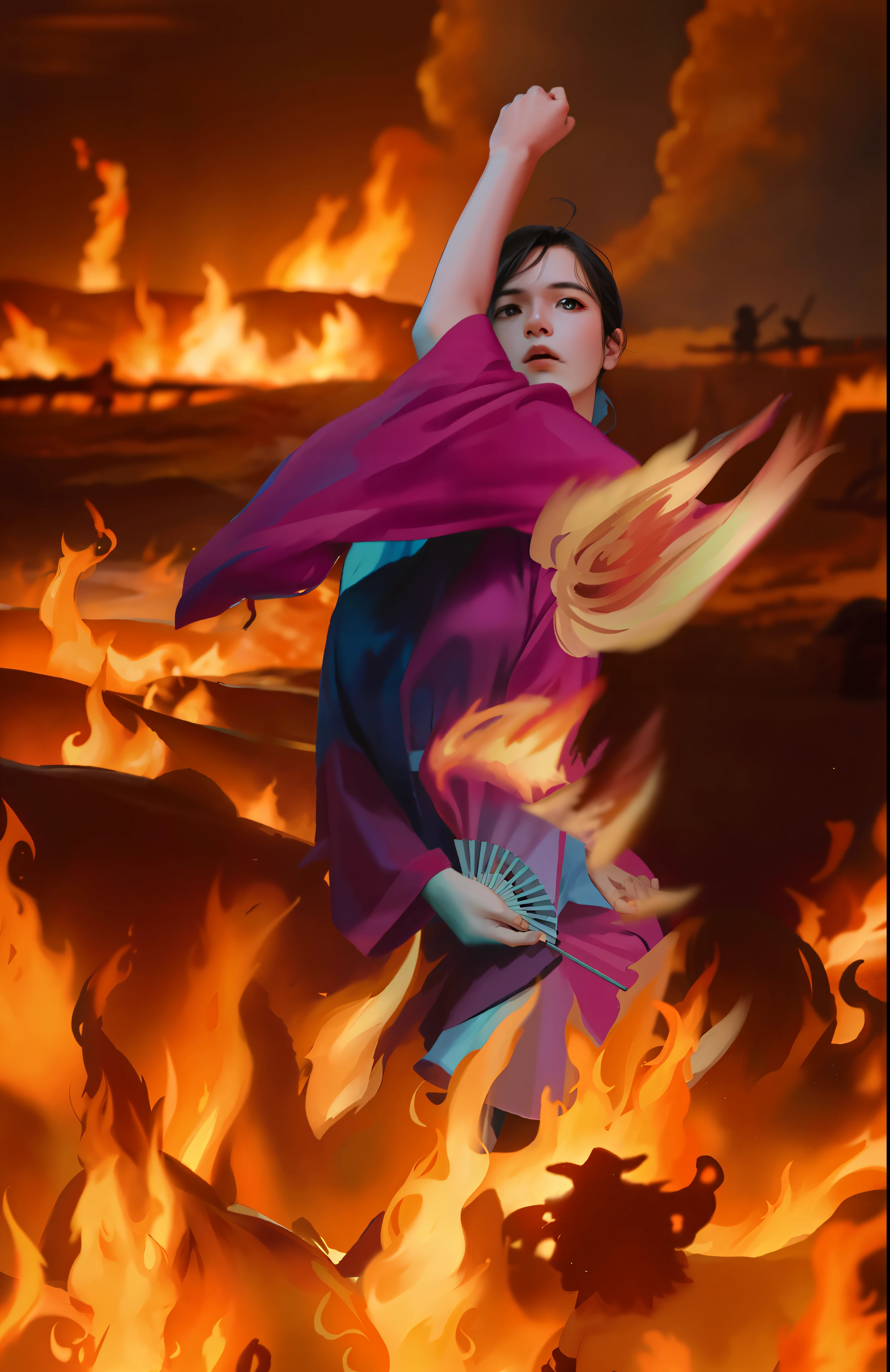 Woman in pink shirt standing in front of the fire, holding a fan, on fire, flames surround her, burning battlefield background