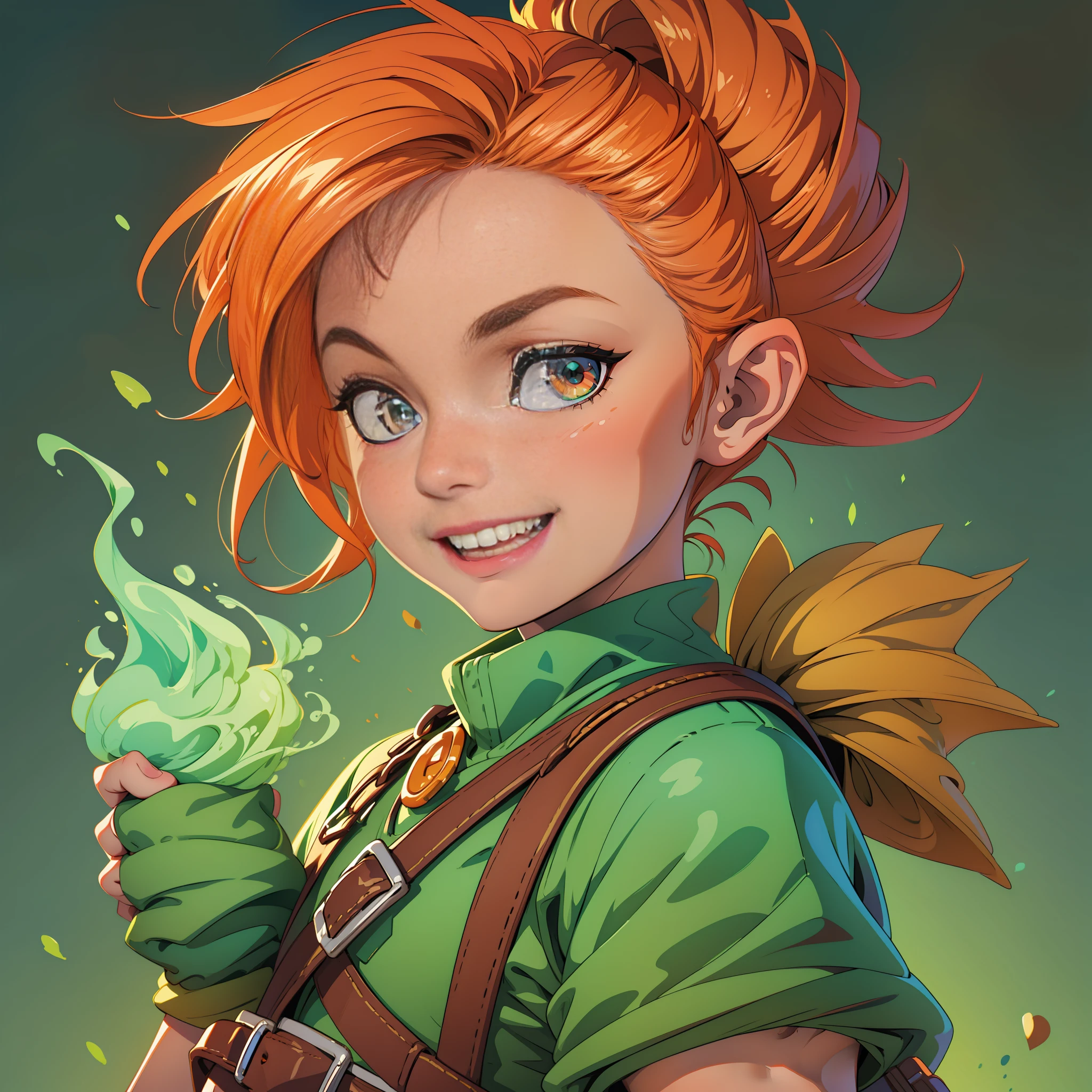 Portrait Rpg, close-up, Vector art, Race: Gnome, Gender: Female, Eyes: Green, Skin color: Latino tan, Physique: normal complexion, Facial features: No skin marks, Expression: Happy Look with Smile, Hairstyle: Medium orange ponytail, Equipment: Fantastic baker's clothing, Background: Bakery