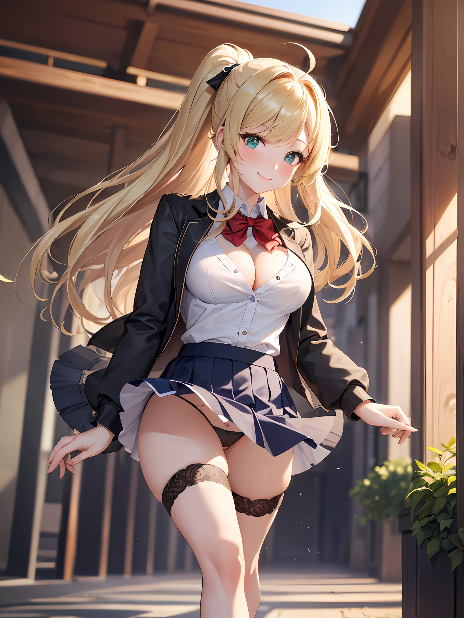 Masterpiece, Best Quality, Official Art, (Highly Detailed CG Unity 8k wallpaper), Detailed background, (Hands by Guido Daniele: 1.1), Feet out of frame, First Person View, 1, Attractive and perfect beautiful woman, Schoolgirl, JK, Schoolgirl uniform, spring, cherry, wind blowing, (((Flipping skirt, panties visible))), ( Curvaceous), ( White thighs: 1.12), ( Blonde Long Hair: 1.12), (Ahoge: 1.13), (High Ponytail: 1.12), (Green Eyes: 1.13), Look at the Beholder, Big, (cleavage), Beautiful Face, (Blush: 1.11), (Smile: 1.11)