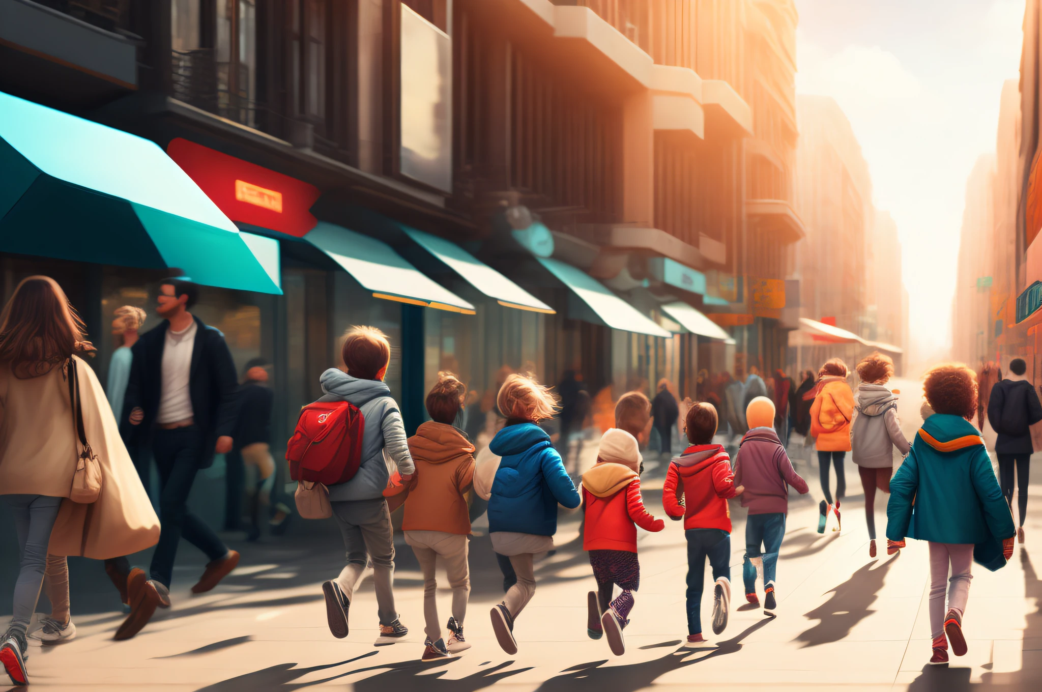 Modern cities, lively streets, running children, all kinds of people on the road