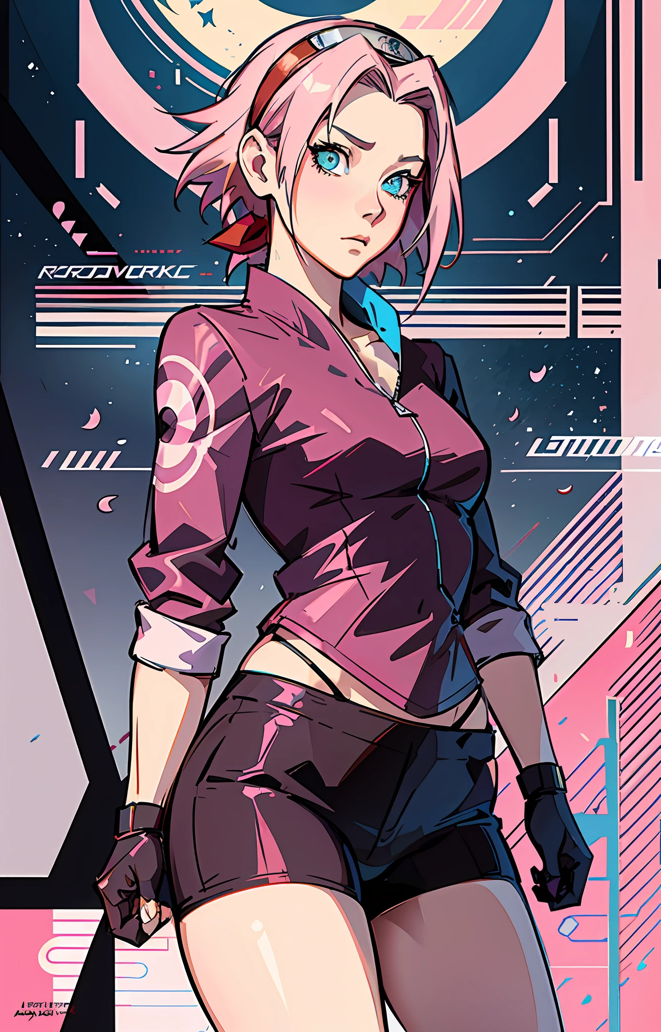 Sakura haruno, ANIME NARUTO, NINJA, ((SOLO)) ((forehead the show)), charming,fitness, attractive, wearing a ((red blouse)), pink hair, delicate, young, short hair, detailed face, kissing boyfriend, full body, looking at the viewer, bandana on the head, trend in art by rhads, andreas rocha, rossdraws, makoto shinkai, laurie greasley, lois van baarle, ilya kuvshinov and greg rutkowski