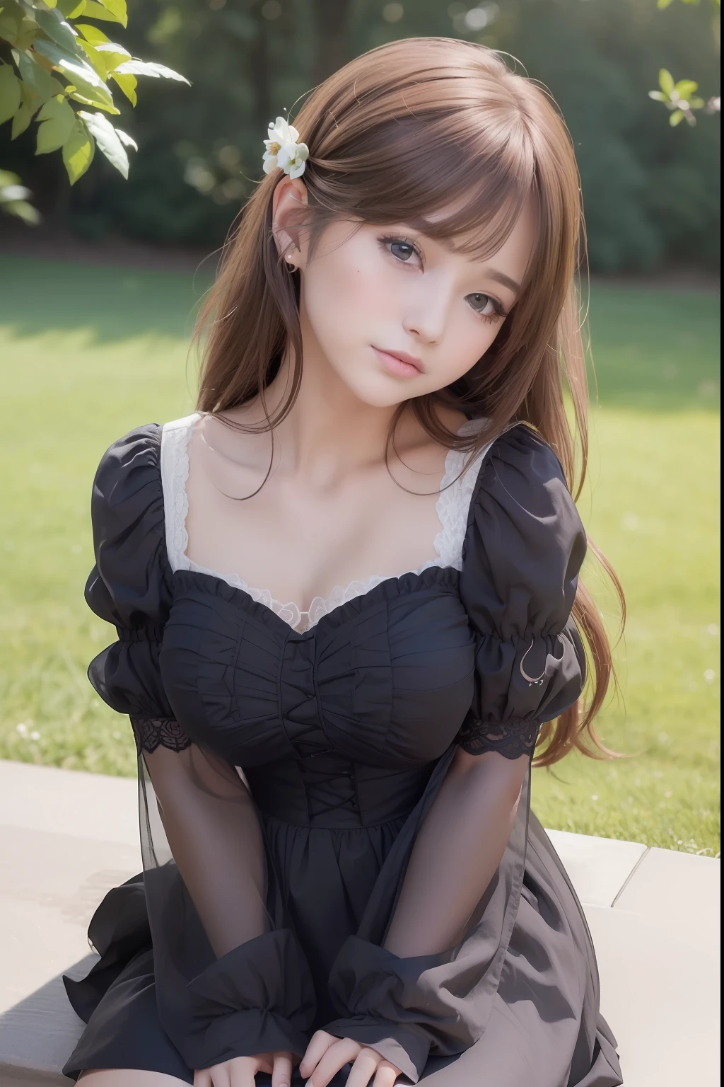 ((top quality, 8k, Masterpiece, photorealistic , 35mm lens, f/0.8, amazing cute perfect figure :1.4)), side lighting, ((flat chest :0.8)), (white Gothic :1.2),circlet on head, (outside the castle background:1.2), Highly detailed face and skin texture:1.2, (Detailed black eyes:1.2), super detailed skin, shiny skin:1.2,Smiling , beautiful detailed makeup, high-fidelity bangs, very brilliant light brown twin-tales hairstyle, sit, head tilt, looking at viewer, baby face