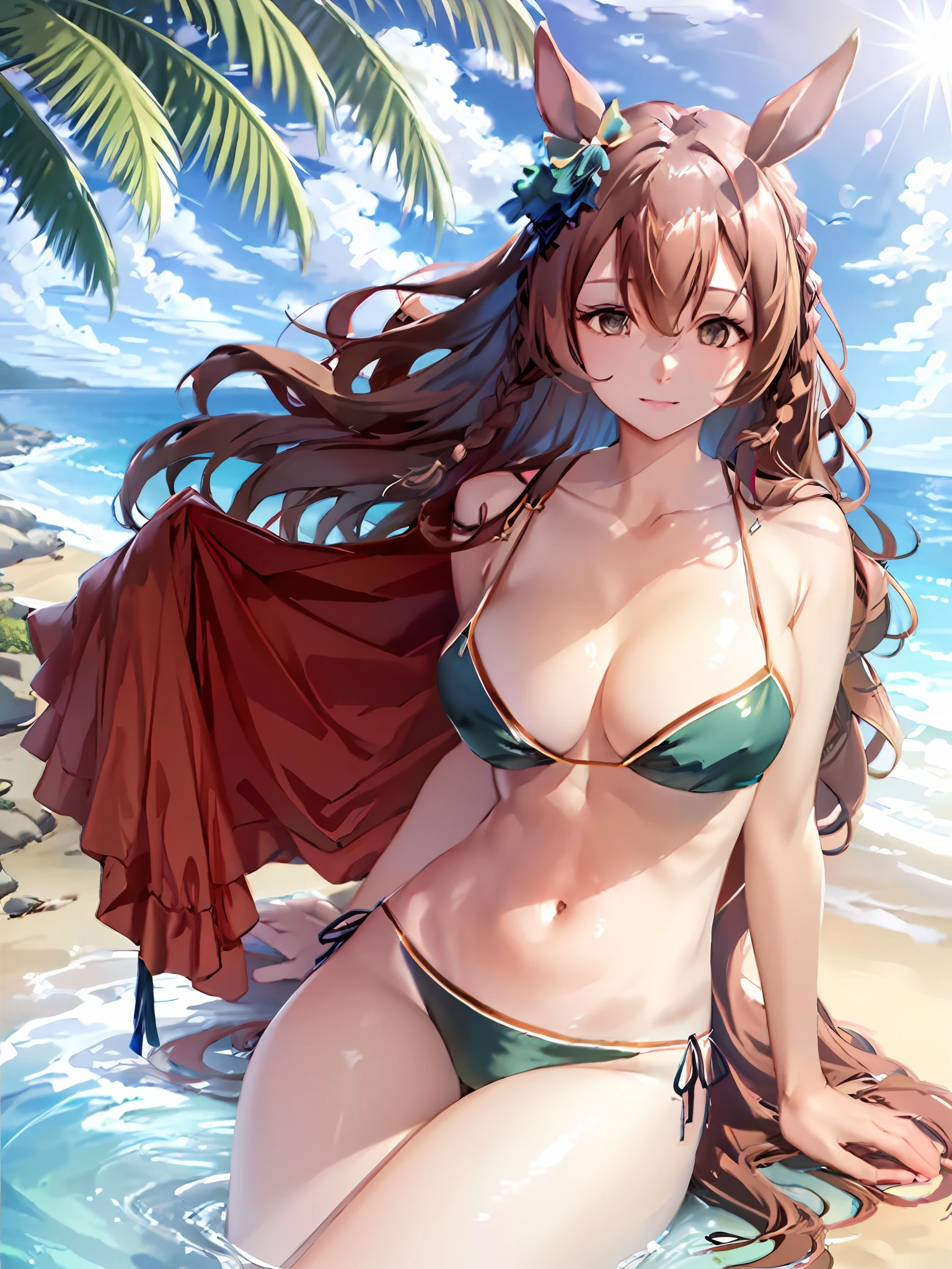 masterpiece, best quality, realistic, extremely detailed CG, 8k, 1girl, solo, umamusume, horse girl, horse ears, horse tail, brown eyes, brown hair, long hair, light smile, ear bow, green bikini, navel, thighs, medium breasts
