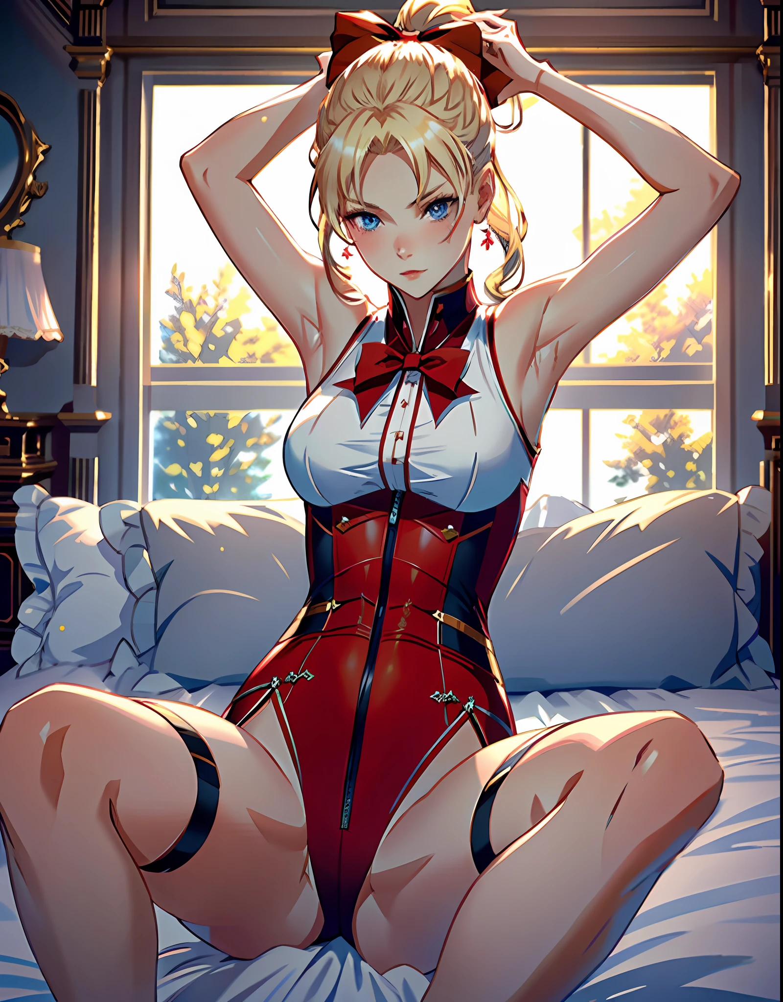 masterpiece, ultra high quality CG, best quality, perfect picture, solo, lidia sobieska (tekken, blonde hair with high ponytail, blue eyes, red hairbow, strong), wearing a sexy karate outfit, lying in bed with arms up, armpit, looking sideways, blushing, shoulders showing, in a european mansion