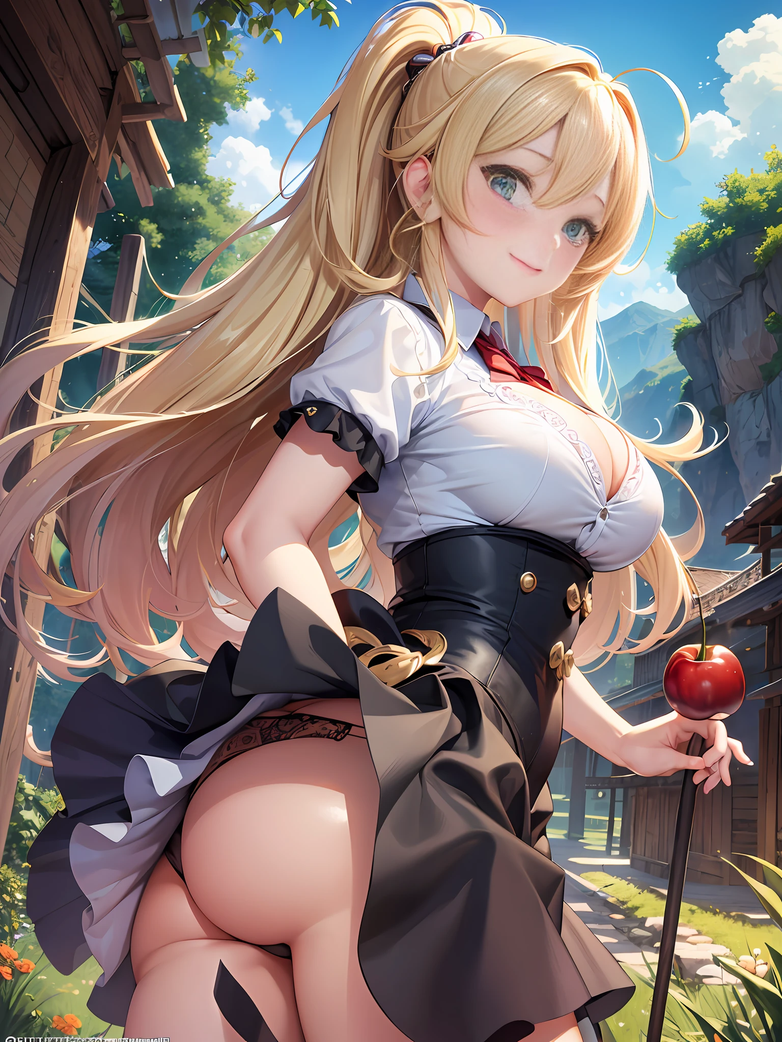 Masterpiece, Best Quality, Official Art, (Highly Detailed CG Unity 8k wallpaper), Detailed background, (Hands by Guido Daniele: 1.1), Feet out of frame, First Person View, 1, Attractive and perfect beautiful woman, Schoolgirl, JK, schoolgirl uniform, spring, cherry, wind blowing, ((Show ass, butt sticks out, flipping skirt, panties visible)))), ( curvaceous), ( White Thighs: 1.12), (Blonde Long Hair: 1.12), (Ahoge: 1.13), (High Ponytail: 1.12), (Green Eyes: 1.13), Look at the Beholder, Big, (cleavage), Beautiful Face, (Blush: 1.11), (Smile: 1.11)