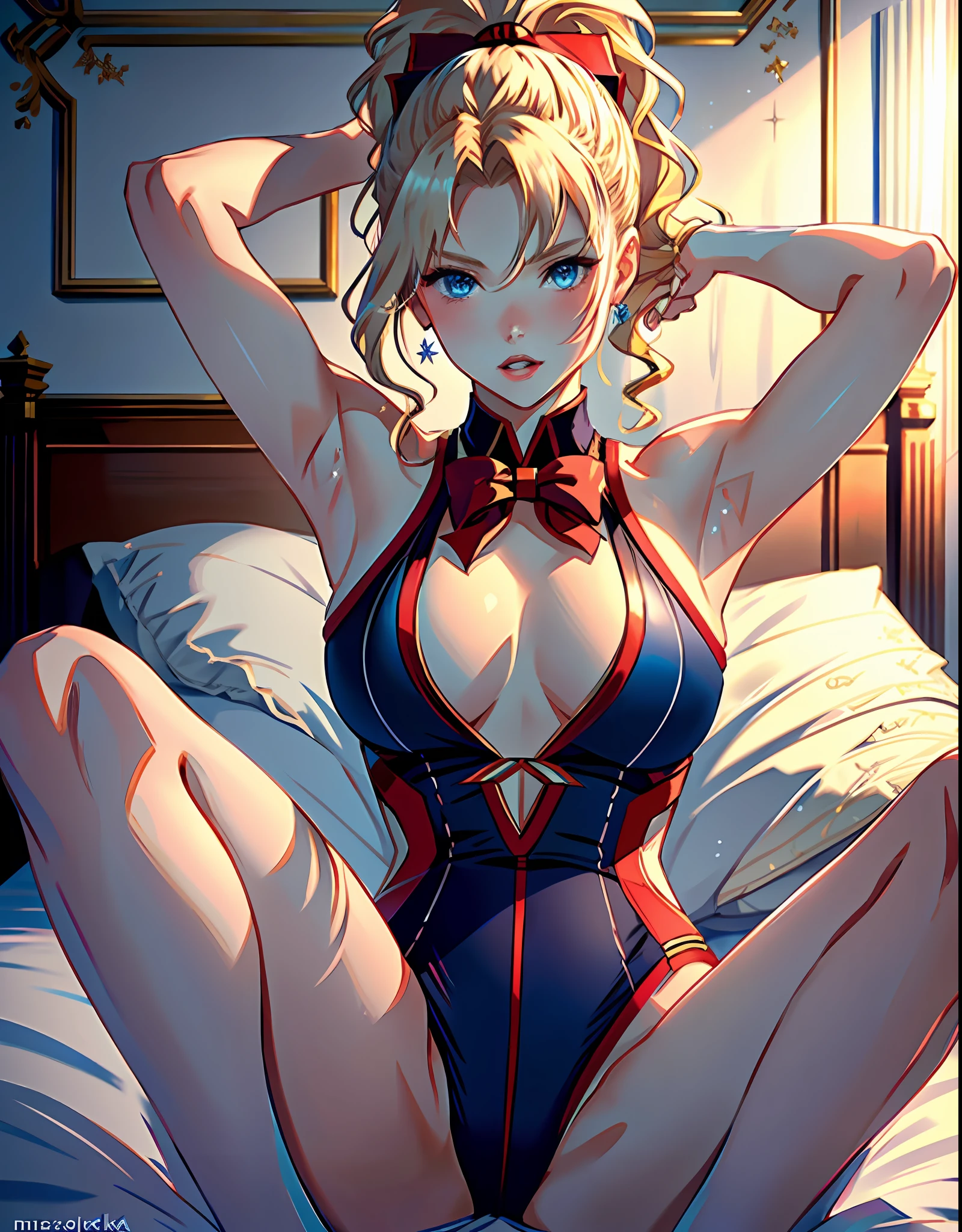 masterpiece, ultra high quality CG, best quality, perfect picture, solo, lidia sobieska (tekken, blonde hair with high ponytail, blue eyes, red hairbow, strong), wearing a sexy karate outfit, lying in bed with arms up, armpit, looking sideways, blushing, shoulders showing, in a european mansion