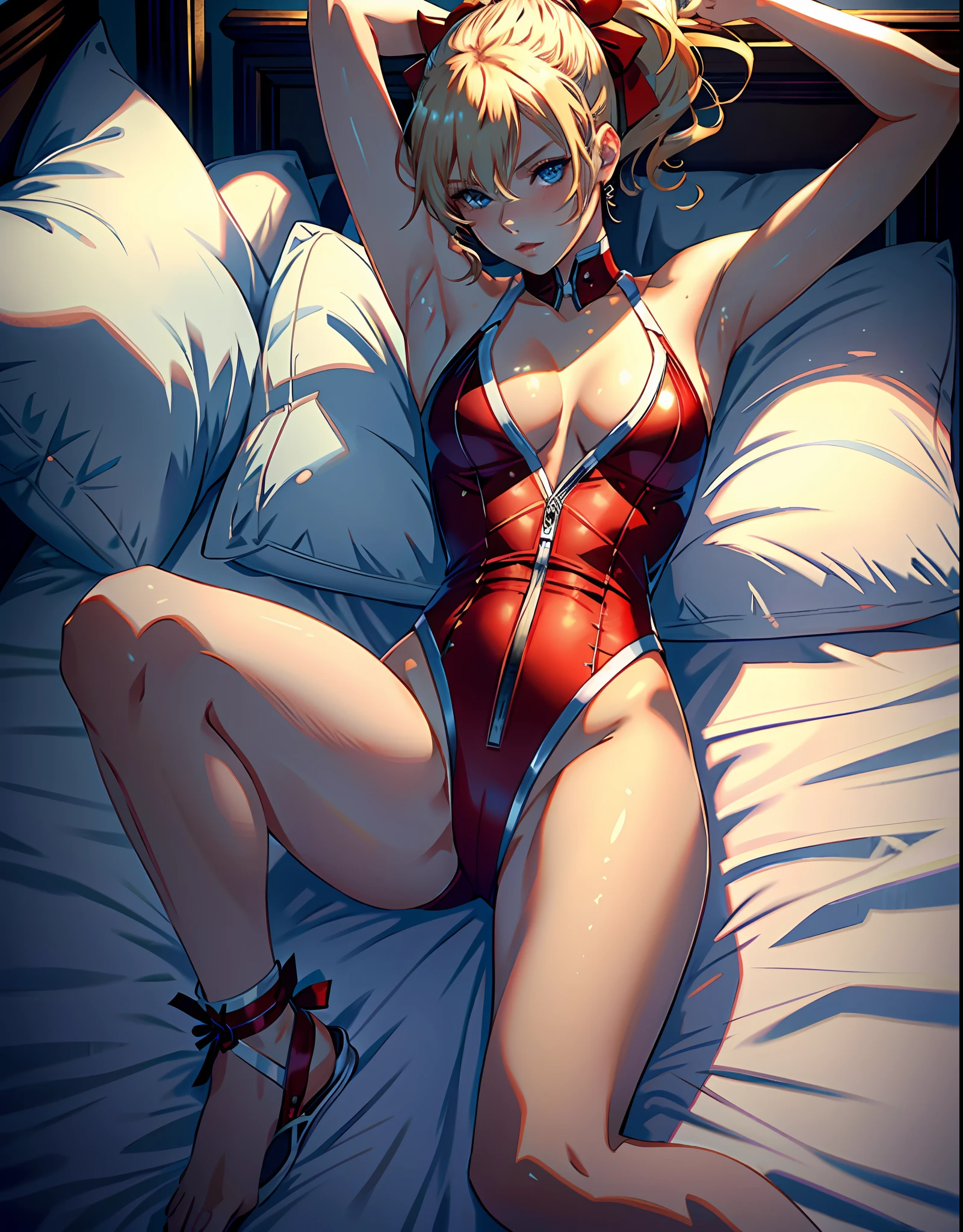 masterpiece, ultra high quality CG, best quality, perfect picture, solo, lidia sobieska (tekken, blonde hair with high ponytail, blue eyes, red hairbow, strong), wearing a sexy karate outfit, lying in bed with arms up, armpit, looking sideways, blushing, shoulders showing, in a european mansion