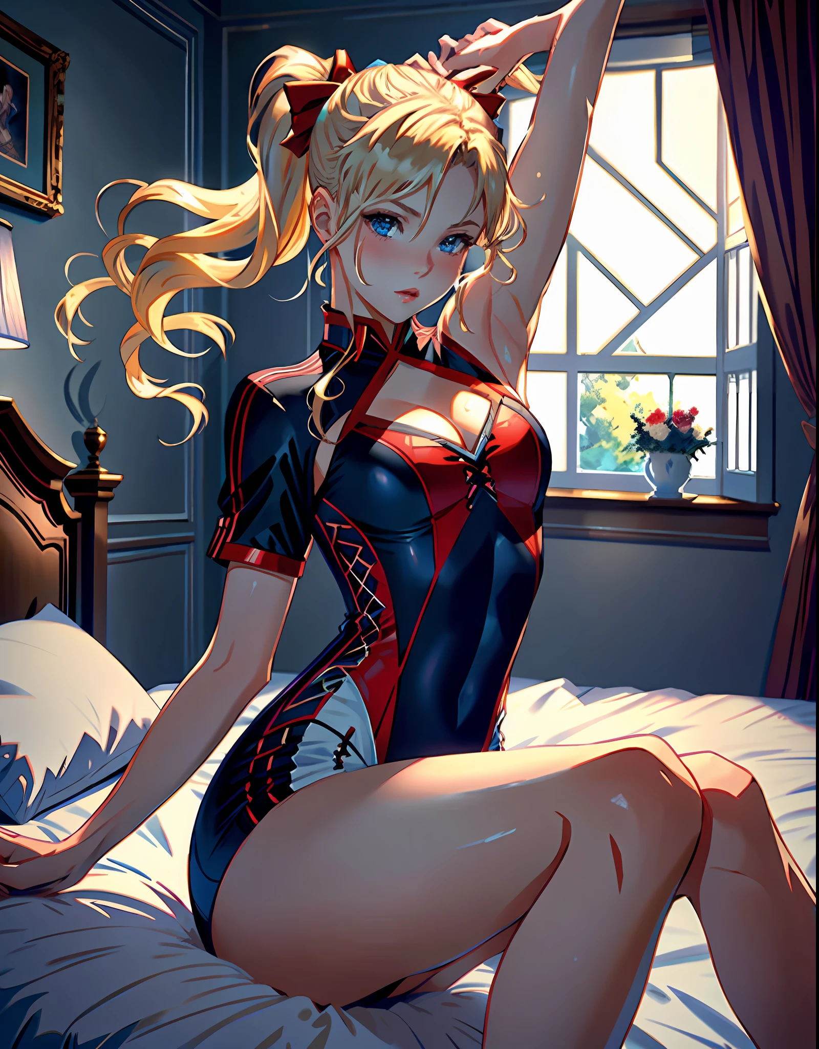 masterpiece, ultra high quality CG, best quality, perfect picture, solo, lidia sobieska (tekken, blonde hair with high ponytail, blue eyes, red hairbow, strong), wearing a sexy karate outfit, lying in bed with arms up, armpit, looking sideways, blushing, shoulders showing, in a european mansion