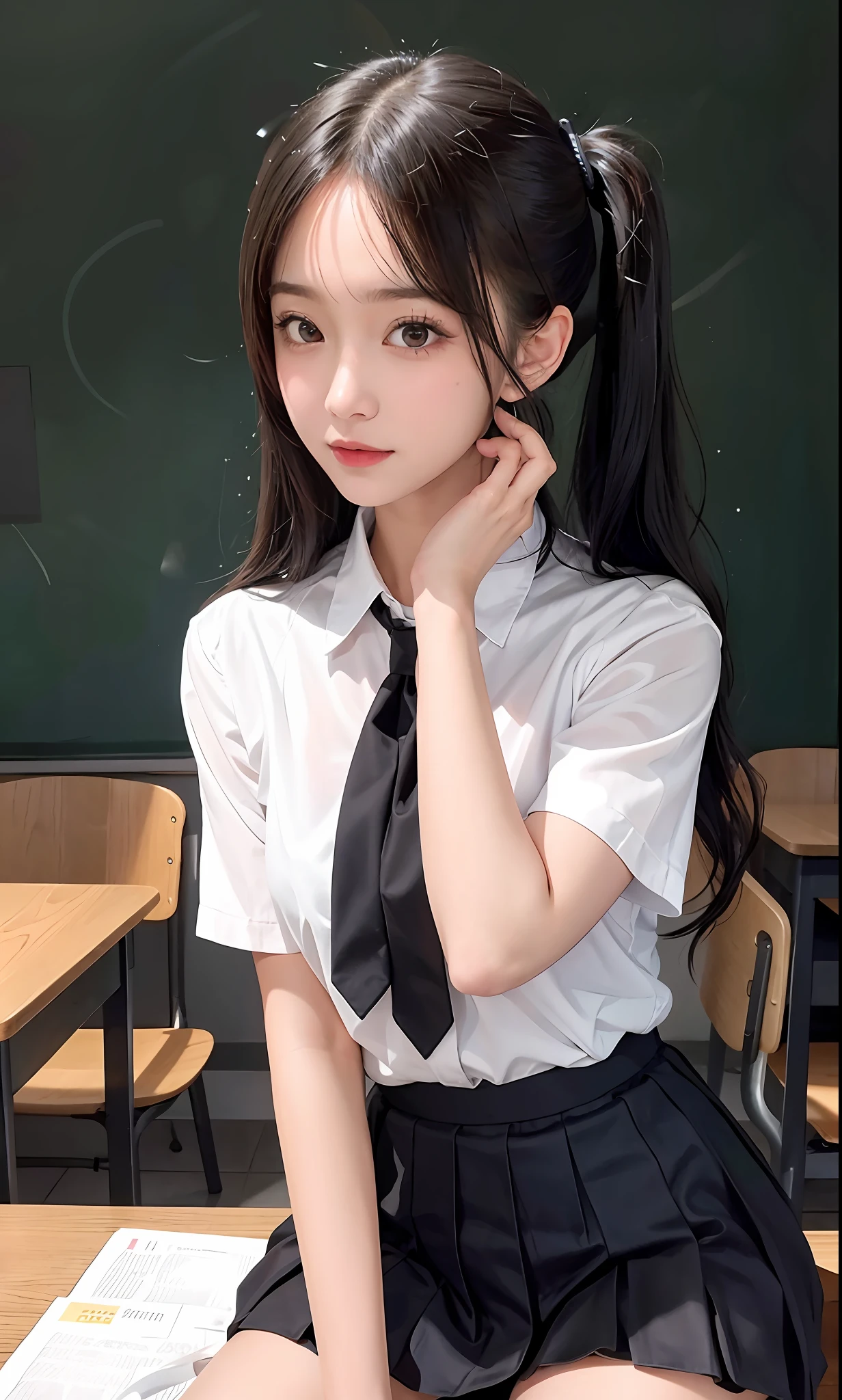 majicMIX Real, (Raw photo: 1.2), (Photorealistic: 1.4), beautiful detailed eyes, huge file size, super detail, high resolution, very detailed, highest quality, masterpiece, illustration, very detailed, CG, unification, 8k wallpaper, detail, masterpiece, top quality, light pink and black school uniform (pleated skirt: 1.3), light on the face, movie lighting, 16 year old girl, showing off panties, big, twin tails, sexy girl, classroom, silver hair