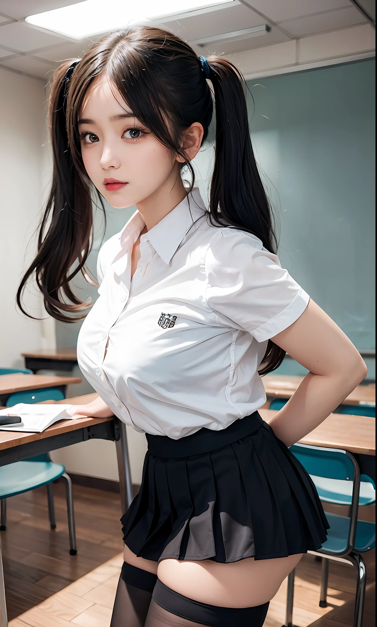 majicMIX Real, (Raw photo: 1.2), (Photorealistic: 1.4), beautiful detailed eyes, huge file size, super detail, high resolution, very detailed, highest quality, masterpiece, illustration, very detailed, CG, unification, 8k wallpaper, detail, masterpiece, top quality, light pink and black school uniform (pleated skirt: 1.3), light on the face, movie lighting, 16 year old girl, showing off panties, big, twin tails, sexy girl, classroom, silver hair