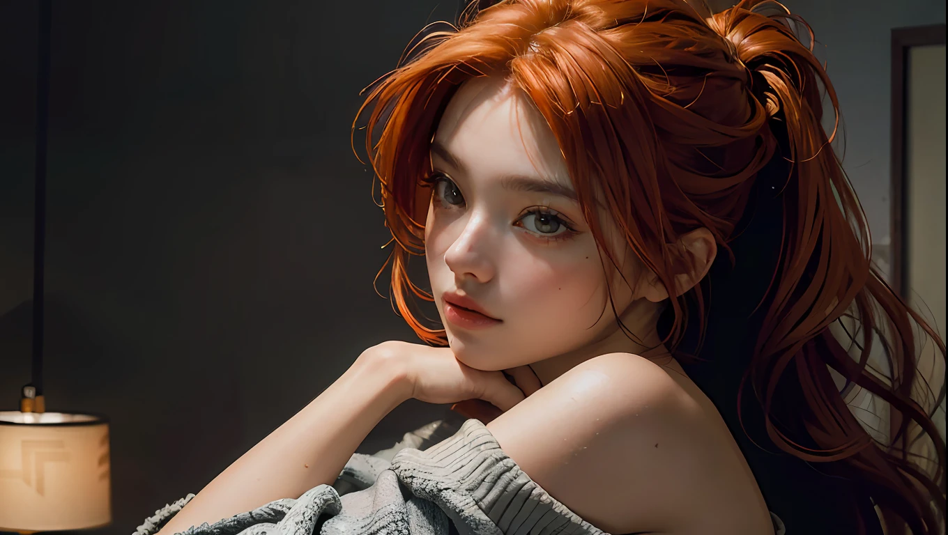 Best quality, masterpiece, ultra high res, (photorealistic: 1.4), raw photo, 1girl, off shoulder, cinematic lighting, kissing poses, (orange hair)