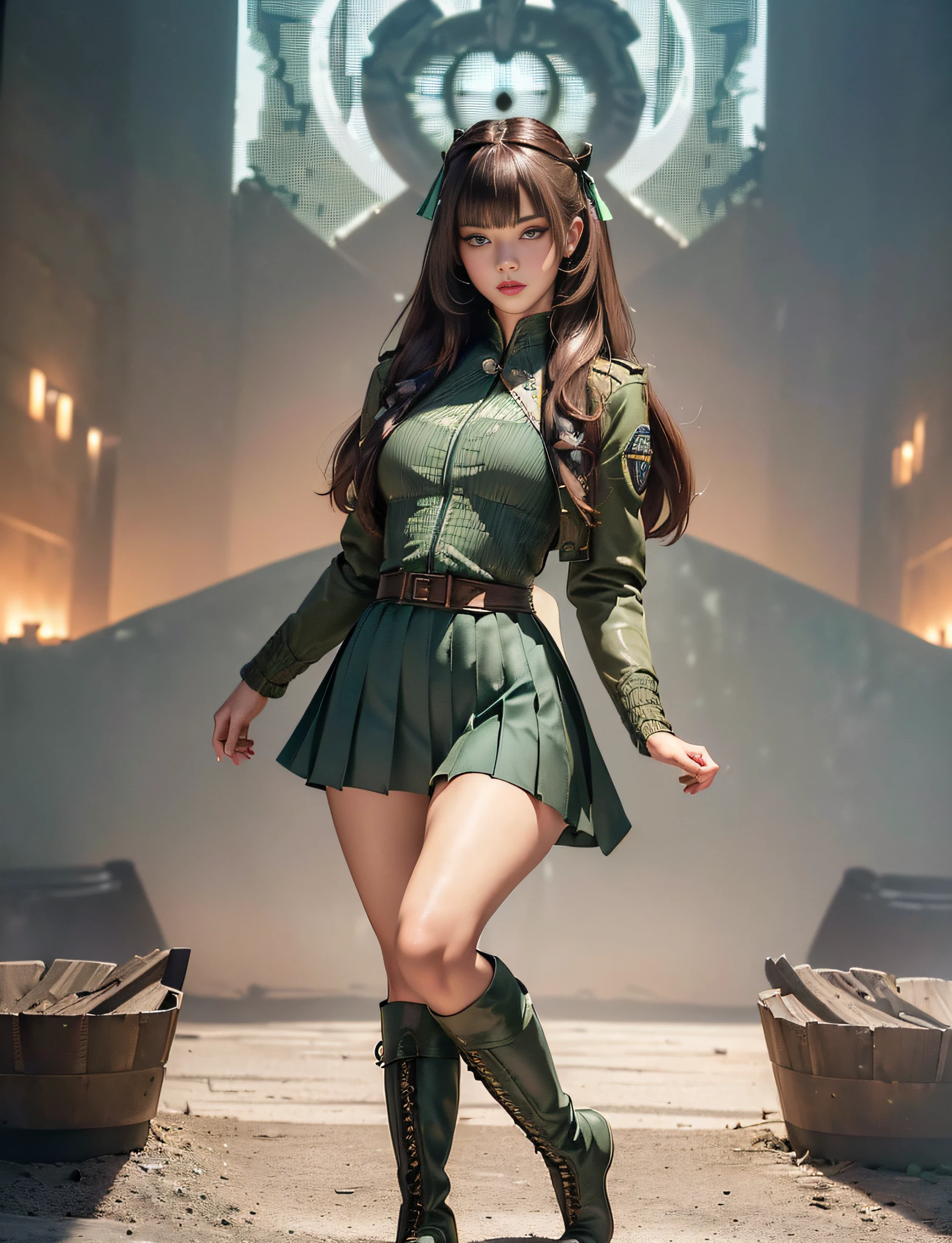 very detailed RAW color photo, (((1 girl))), (((alone))), (((27 years))), ((athletic)), ((toned physique)), (((very detailed perfect body))), (((small and defined breasts))), (((ultra defined curves))), (((superior quality, 8k, masterpiece: 1.3)), sharp focus: 1.2, (((extremely beautiful girl with perfect figure: 1.4))), ((very thin waist: 1.2)), ultra detailed skin texture, ((smooth and soft skin)), ultra detailed fabric texture, Extremely beautiful face ultra detailed, (((extremely beautiful))), intricate details, ultra detailed, (((she is wearing a short military green jacket with a military skirt with pleats))), ((((extra long straight brown hair))), extremely beautiful, (((extra long mane with bangs))), (hair on the face), (((hair ribbon)), dynamic pose, ((the dress leaves the thighs exposed)), ((ultra detailed legs)), (((ultra detailed waist))), (((very wide hips))), (((very thick thighs))), (sexy), (((extreme hourglass figure))), (((very thick heart lips))), ((red lipstick)), ultra detailed lips, ultra detailed blue eyes, ((angry look)), (((staring at the viewer))), ultra detailed provocative mouth, extremely beautiful seductive lips, ((blushing)), (makeup), (((ultra defined waist))), eye shadow, (full body shot), (military boots)