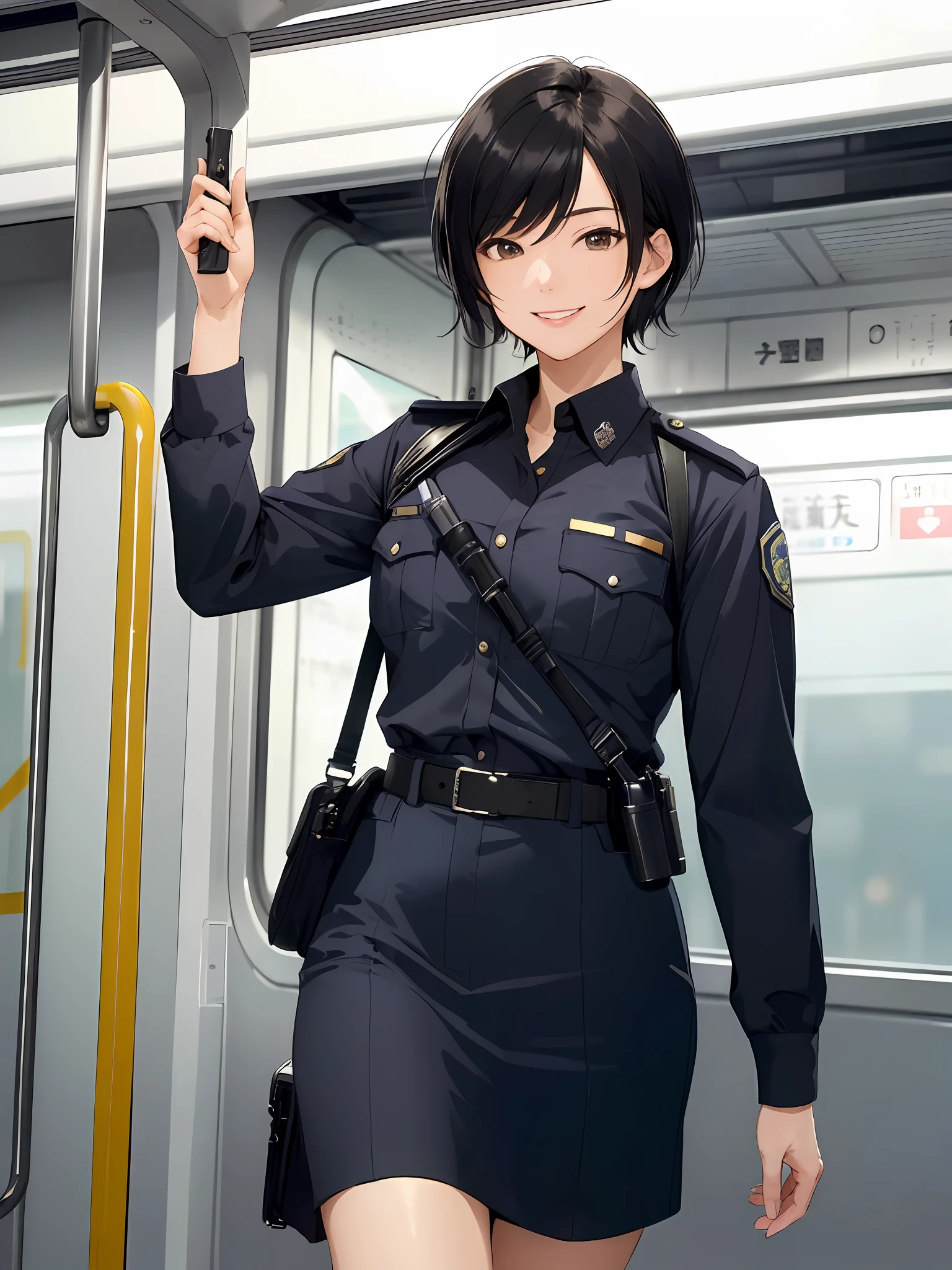 (((Masterpiece, Best Quality, High Definition, High Detail))), One, ((Modern Japan)), (Female Police Officer)), Big, Black Hair Short, Walking on a Train, Smile