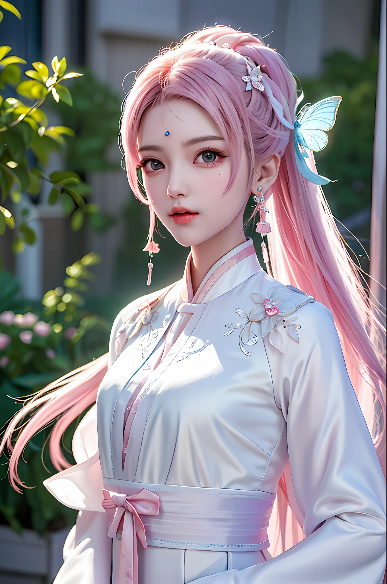 (Best Quality, Masterpiece: 1.2), Ultra High Resolution, Realistic, Front Lighting, Intricate Details, Delicate Details and Textures, 1girl, Solo, (Young), Facial Highlight, Upper Body, Detail Face, Tear Mole, White Skin, Pink Hair, Butterfly Surrounding, High Ponytail, Looking at the Audience, Big Eyes, Silk Hanfu, (Openwork Pattern, White, Silk), Earrings, Small Tits, Slim Figure, Chang'an Avenue, Professional Lighting, Photon Mapping, Light Energy Transfer, Physically Based Rendering,