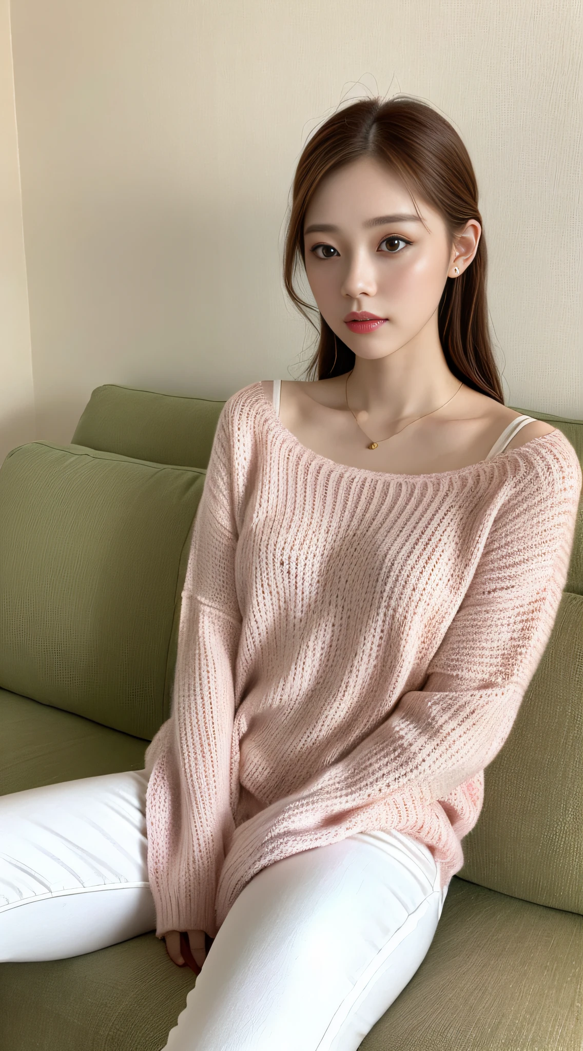 Cinematic photo, beauty 1 person: 1.2, pale pink sweater, white shirt, white pants, brown hair long, ultra detailed face, sitting on white sofa, background: sea resort