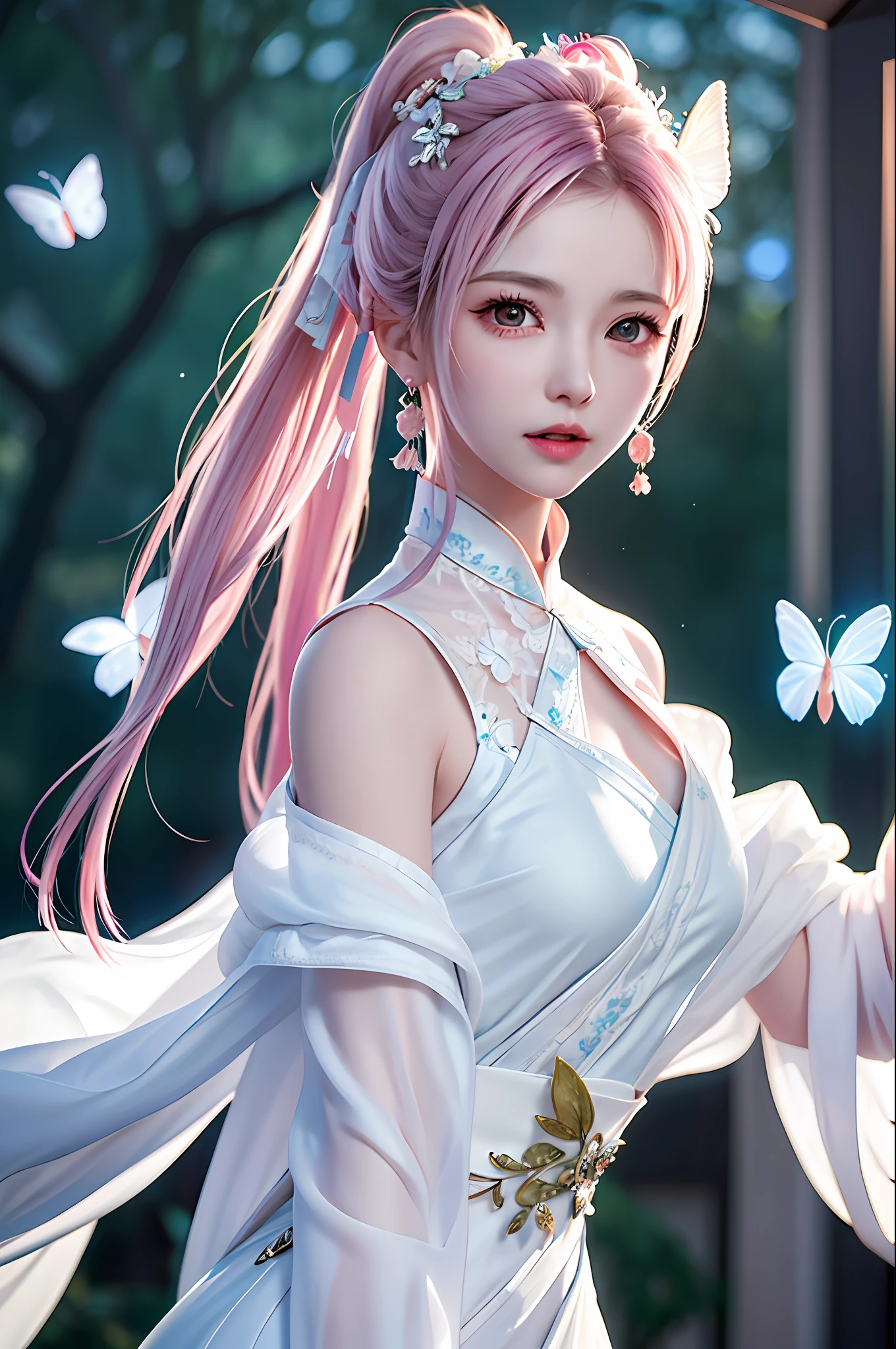 (Best Quality, Masterpiece: 1.2), Ultra High Resolution, Realistic, Front Lighting, Intricate Details, Delicate Details and Textures, 1girl, Solo, (Young), Facial Highlight, Upper Body, Detail Face, White Skin, Pink Hair, High Ponytail, Looking at the Audience, Big Eyes, Silk Hanfu, (Openwork Pattern, White, Silk), Earrings, Small Tits, Slim Figure, Chang'an Avenue, Professional Lighting, Photon Mapping, Light Energy Transfer, Physically Based Rendering, Flying Butterflies