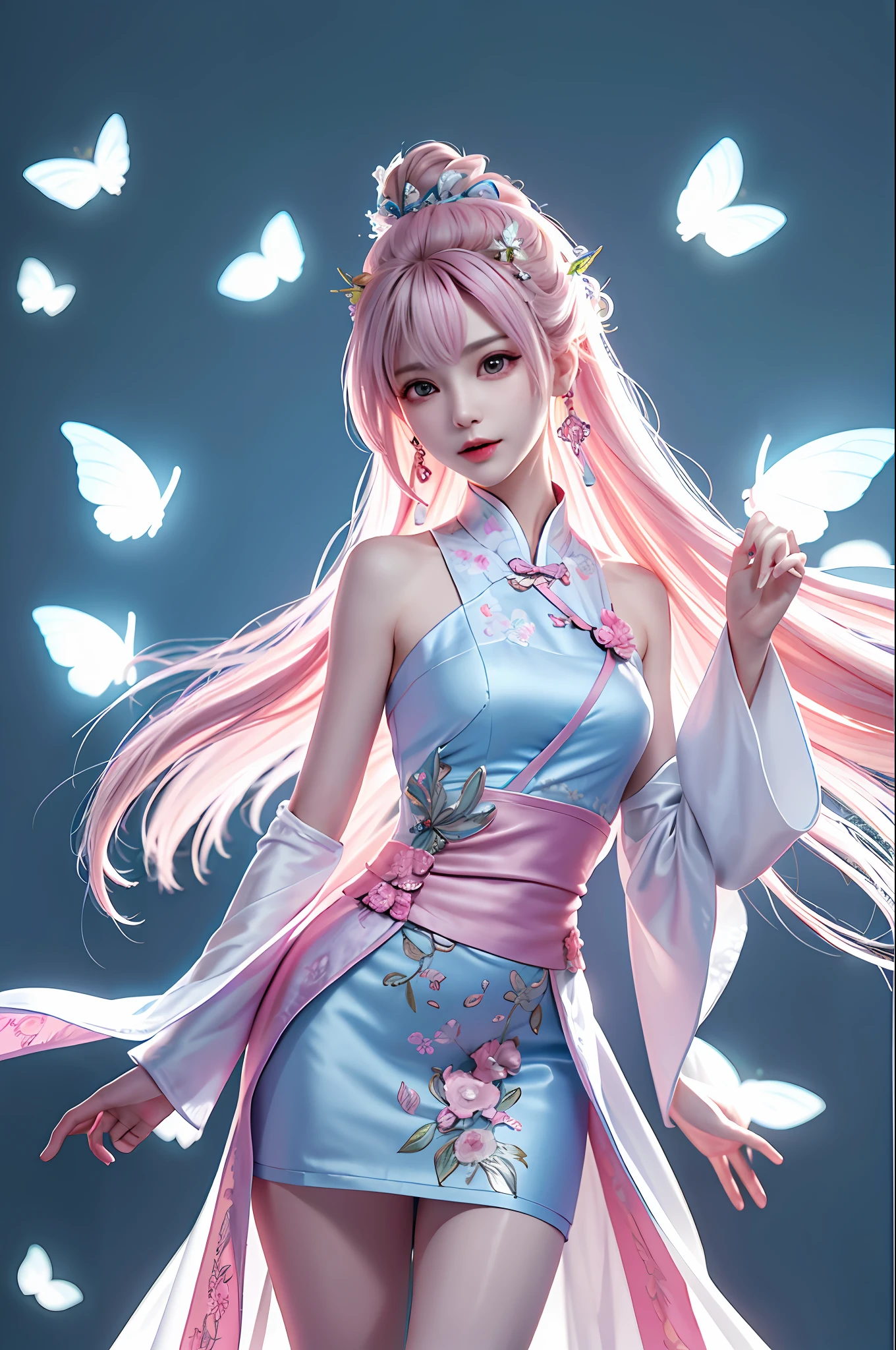 (Best Quality, Masterpiece: 1.2), Ultra High Resolution, Realistic, Front Lighting, Intricate Details, Delicate Details and Textures, 1girl, Solo, (Young), Facial Highlight, Upper Body, Detail Face, White Skin, Pink Hair, High Ponytail, Looking at the Audience, Big Eyes, Silk Hanfu, (Openwork Pattern, White, Silk), Earrings, Small Tits, Slim Figure, Chang'an Avenue, Professional Lighting, Photon Mapping, Light Energy Transfer, Physically Based Rendering, Flying Butterflies