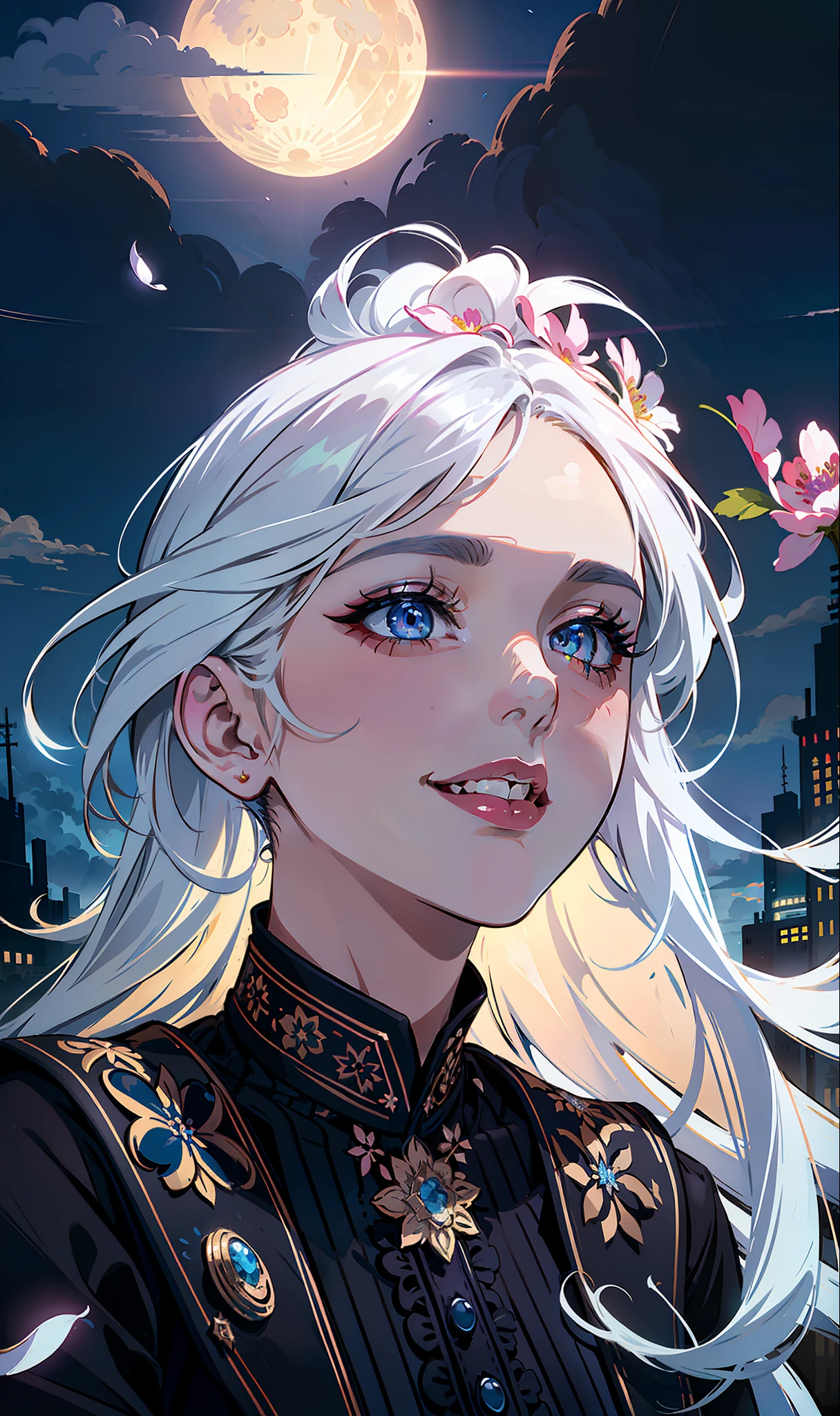 masterpiece, best quality,
1girl, (colorful),(finely detailed beautiful eyes and detailed face),cinematic lighting,bust shot,extremely detailed CG unity 8k wallpaper,white hair,solo,smile,intricate skirt,((flying petal)),(Flowery meadow)
sky, cloudy_sky, building, moonlight, moon, night, (dark theme:1.3), light, fantasy,