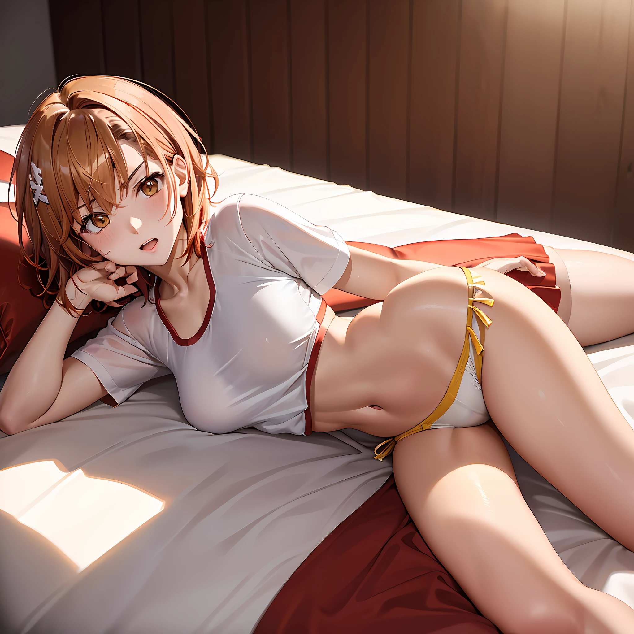 ((Ultra detailed)), Misaka Mikoto, V-shaped eyebrows, short hair, brown hair, yellow hair clip, brown eyes, middle breasts, (red bloomers), white t-shirt, adult, erotic pose, (sexy) erotic pose, lying down, embarrassing face, bedroom