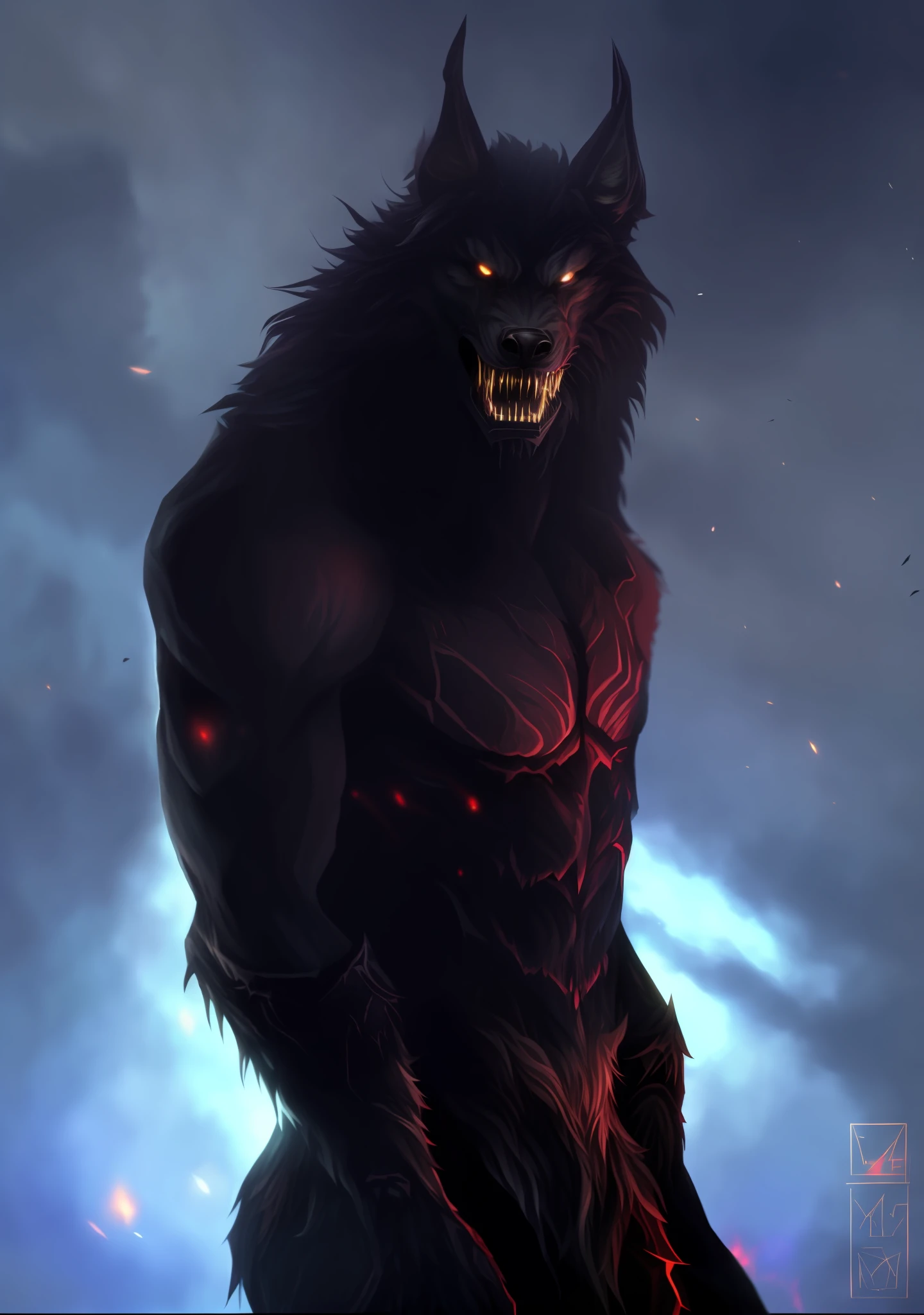 close-up of a man with a demon-like face, muscular werewolf, anthropomorphic wolf, anthropomorphic wolf, werewolf man, fenrir, minotaur wolf, grim wolf, fluffy fantasy art, werewolf?, anthropomorphic male wolf, werewolf, with red glowing eyes, black wolf, Adam Marczyński, sharp fangs