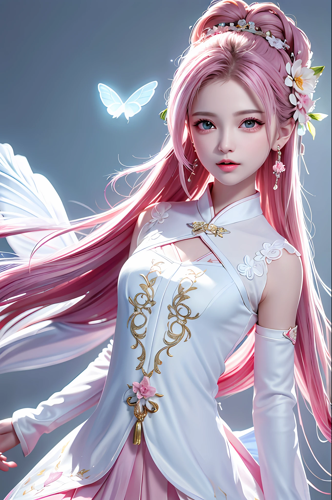 (Best Quality, Masterpiece: 1.2), Ultra High Resolution, Realistic, Front Lighting, Intricate Details, Delicate Details and Textures, 1girl, Solo, (Young), Face Highlight, Upper Body, Detail Face, White Skin, Pink Hair, High Ponytail, Looking at the Audience, Big Eyes, Silk Hanfu, (Openwork Pattern, White, Silk), Earrings, Small Tits, Slim Figure, Chang'an Avenue, Professional Lighting, Photon Mapping, Teleportion, Physical Based Rendering, Flying Pink Butterflies