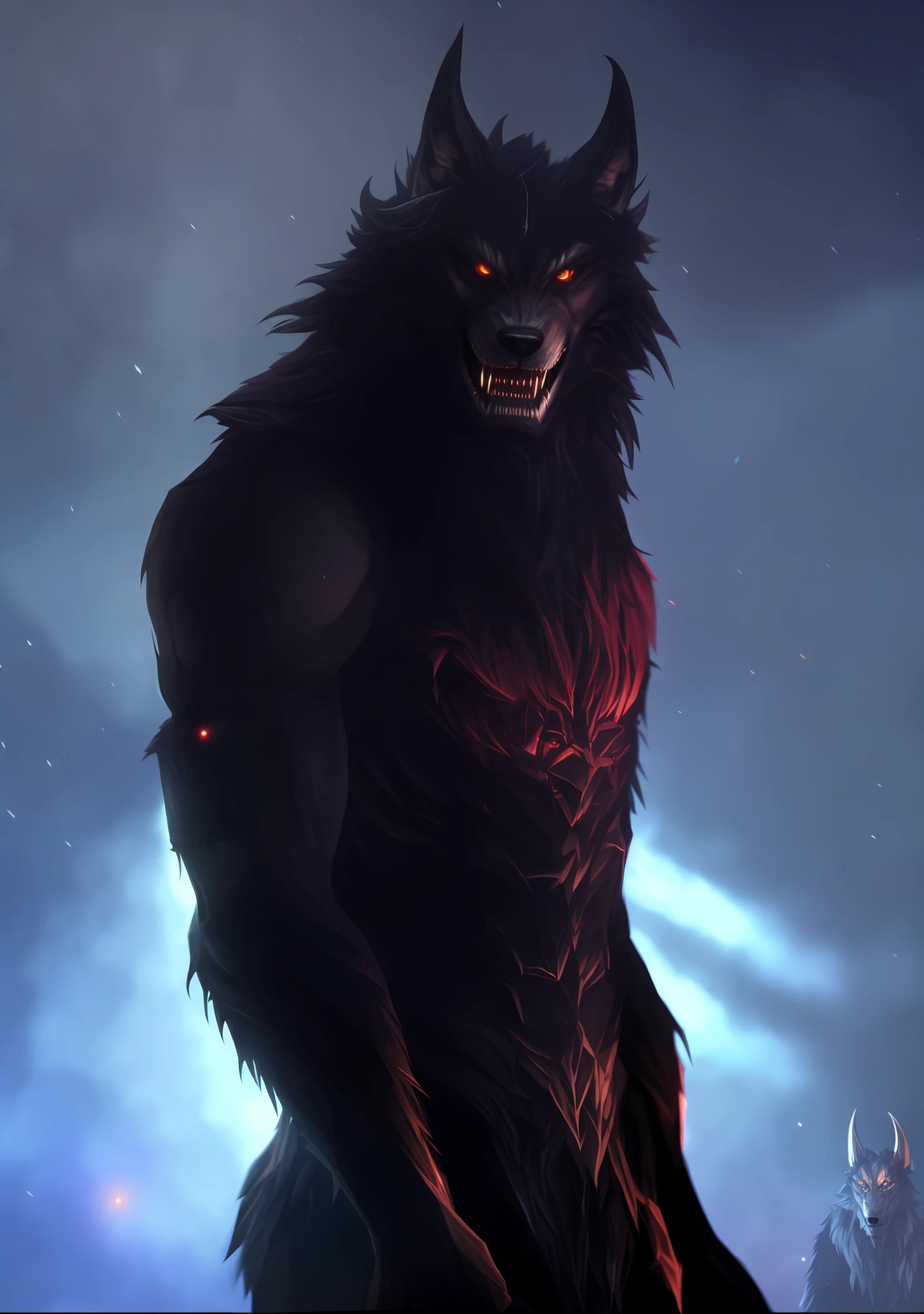 close-up of a man with a demon-like face, muscular werewolf, anthropomorphic wolf, anthropomorphic wolf, werewolf man, fenrir, minotaur wolf, grim wolf, fluffy fantasy art, werewolf?, anthropomorphic male wolf, werewolf, with red glowing eyes, black wolf, Adam Marczyński, sharp fangs