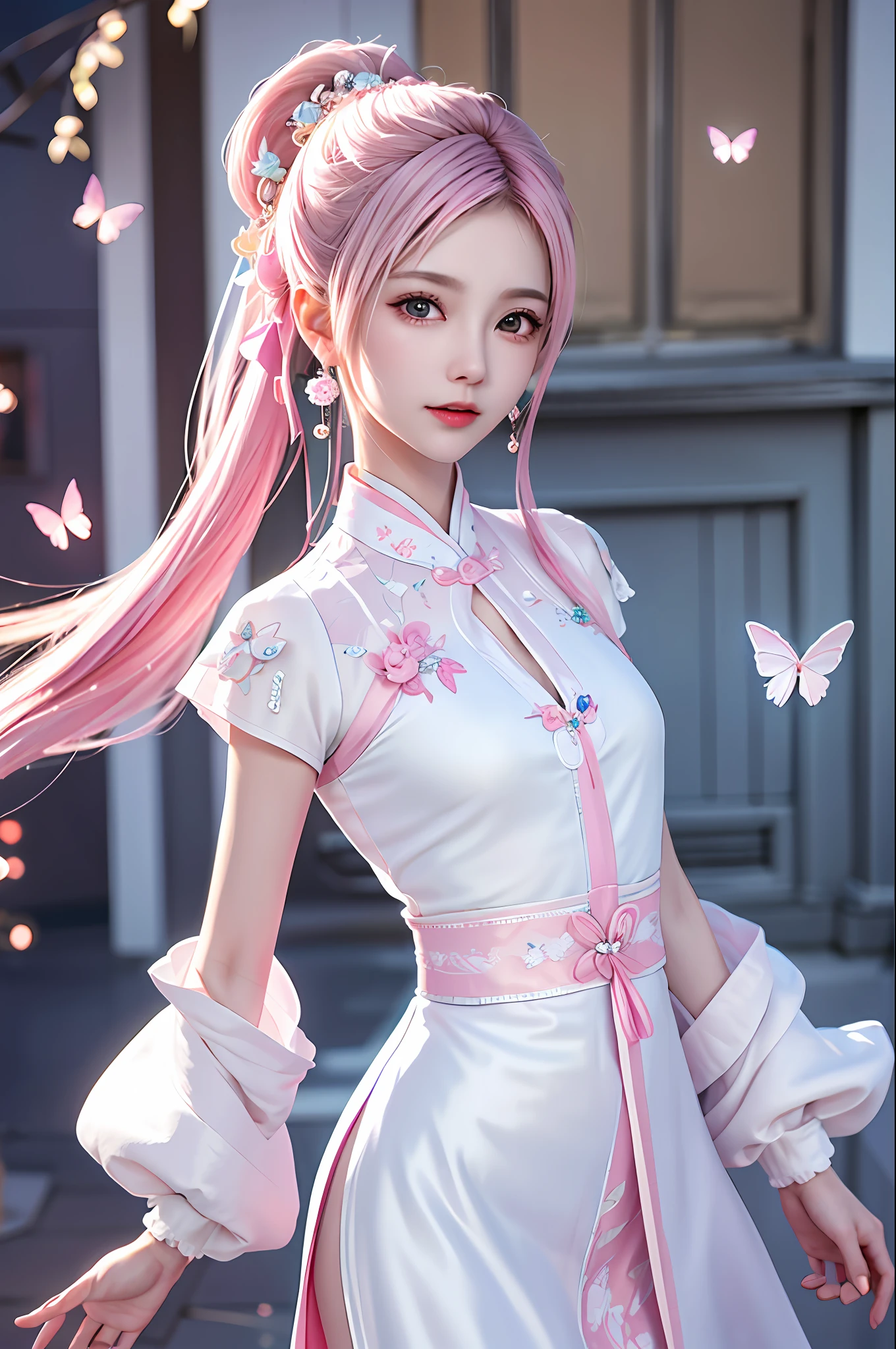 (Best Quality, Masterpiece: 1.2), Ultra High Resolution, Realistic, Front Lighting, Intricate Details, Delicate Details and Textures, 1girl, Solo, (Young), Face Highlight, Upper Body, Detail Face, White Skin, Pink Hair, High Ponytail, Looking at the Audience, Big Eyes, Silk Hanfu, (Openwork Pattern, White, Silk), Earrings, Small Tits, Slim Figure, Chang'an Avenue, Professional Lighting, Photon Mapping, Teleportion, Physical Based Rendering, Flying Pink Butterflies