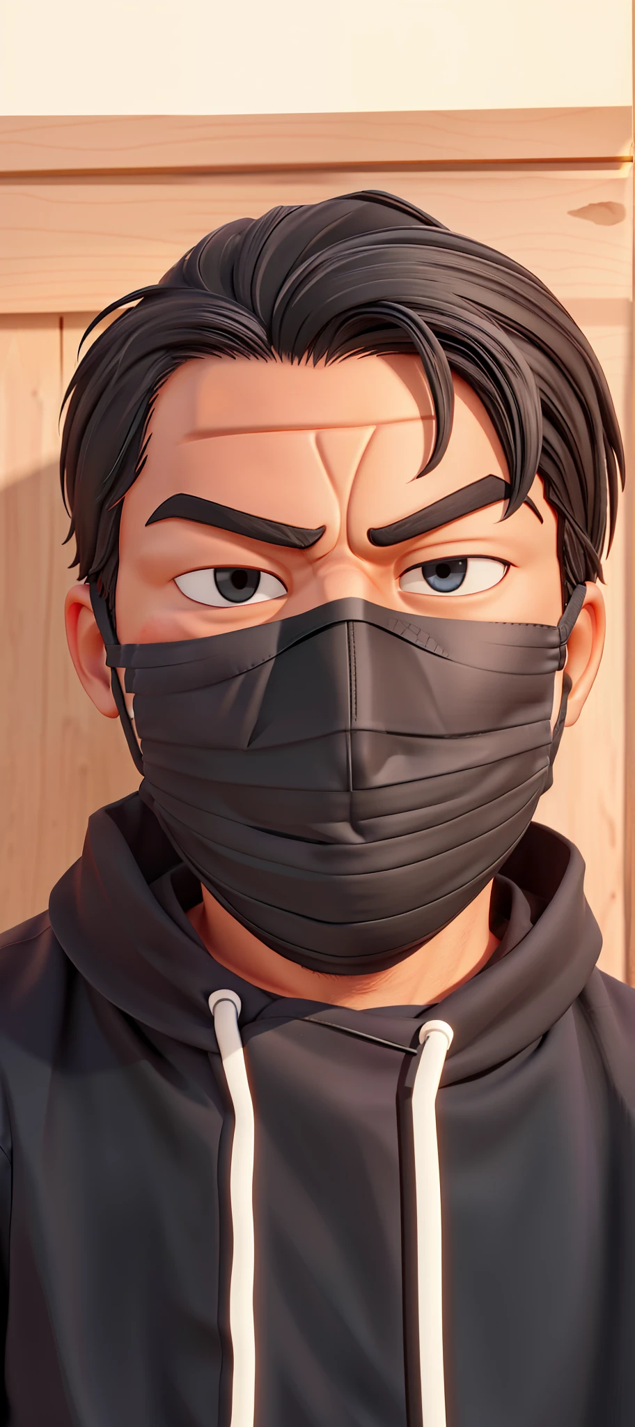 arafed man wearing a black mask with a black face covering his face, wearing all black mempo mask, wearing mask, surgical mask covering mouth, wearing facemask, wearing a mask, black facemask, facemask, black mask, wearing bandit mask, one single mask, dust mask, no face mask, mask, full mask, masked face, wearing wooden mask